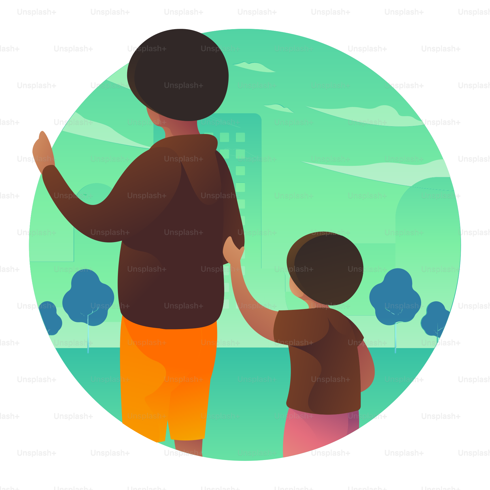 A man and a child standing in front of a building