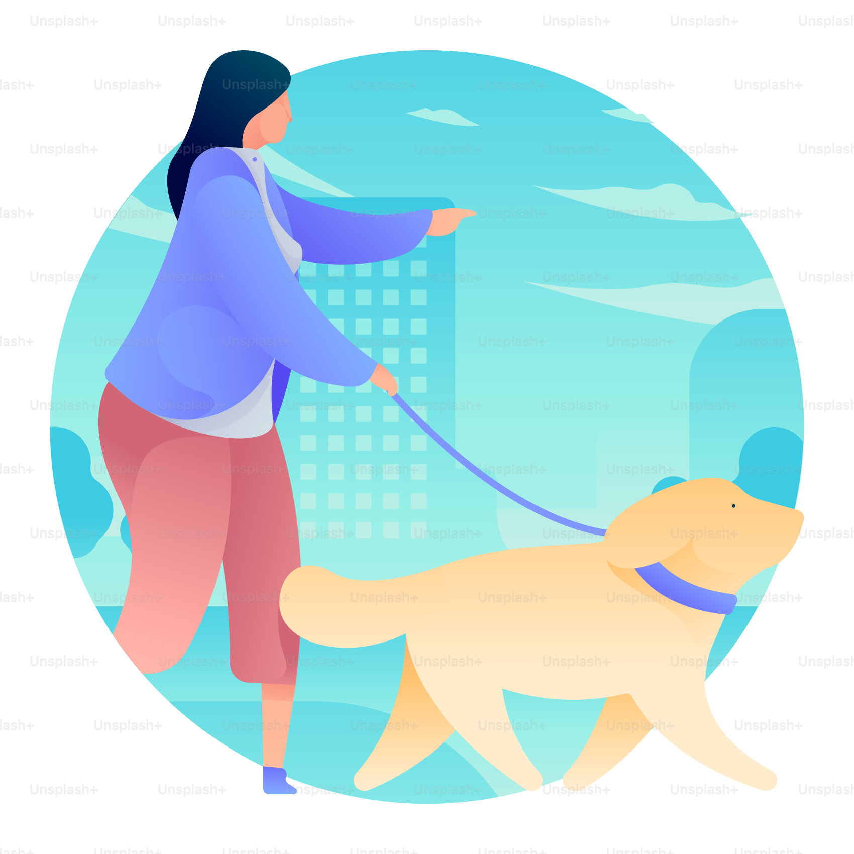 A woman walking a dog on a leash