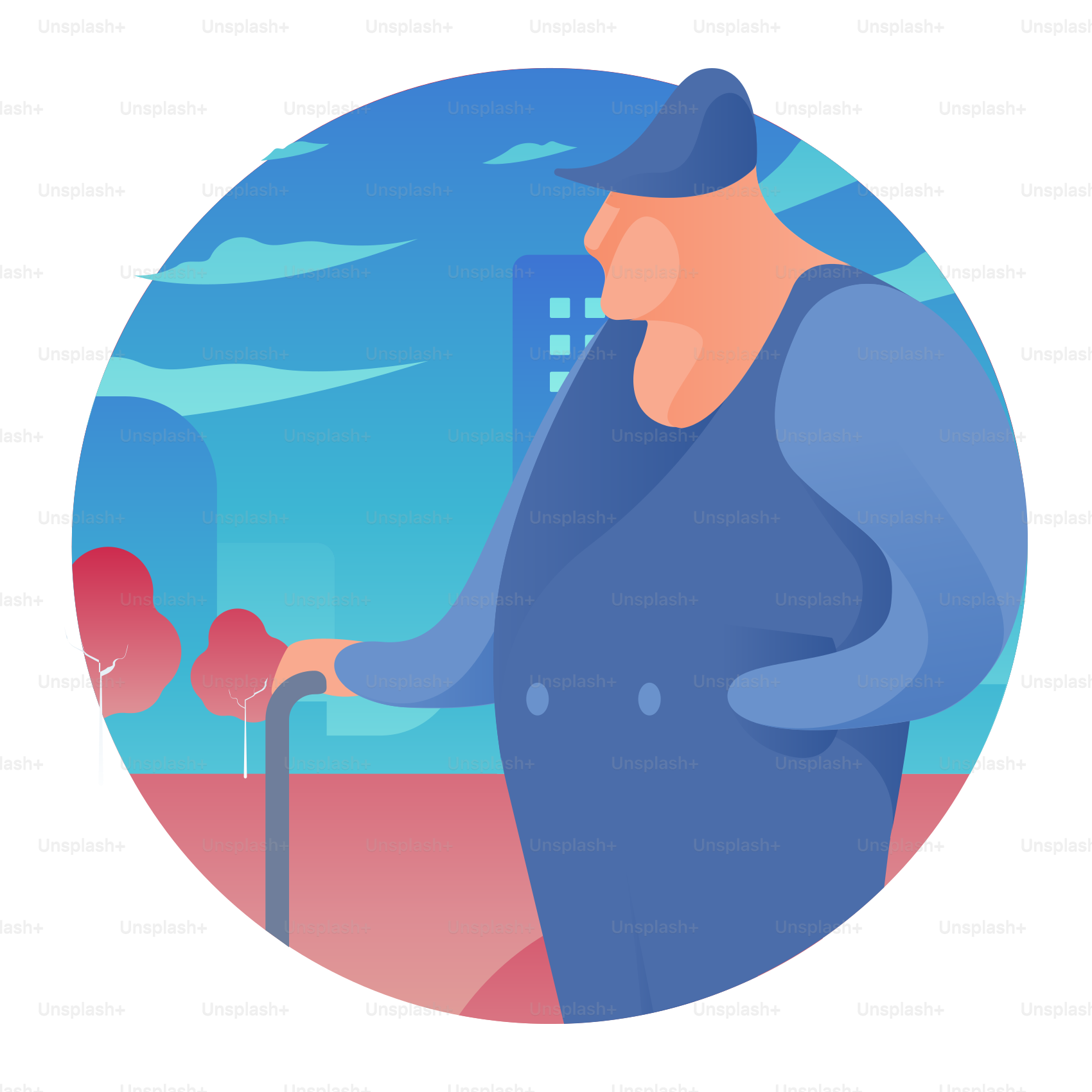 A man in a blue coat is holding a cane