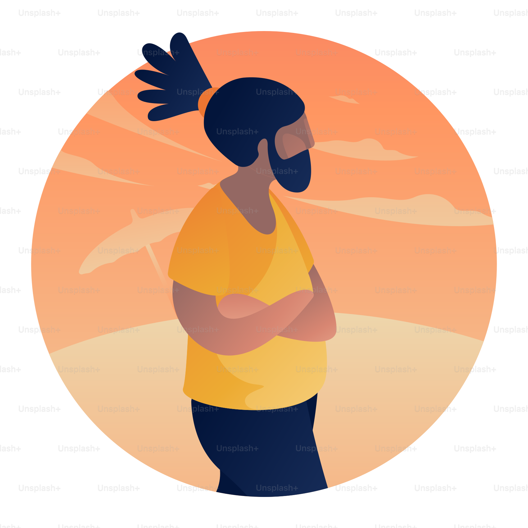 Ein Mann mit verschränkten Armen, der vor einem Sonnenuntergang steht
