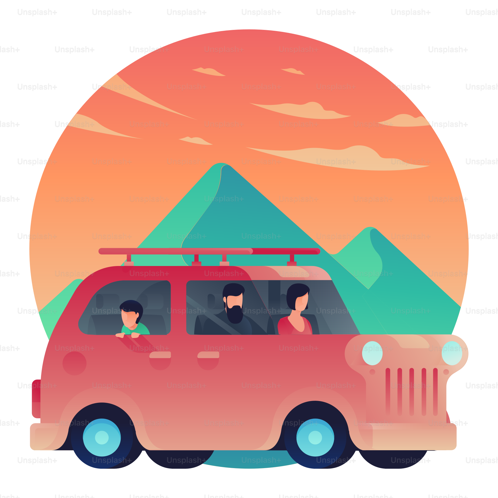 A red car with two people in it driving through the mountains