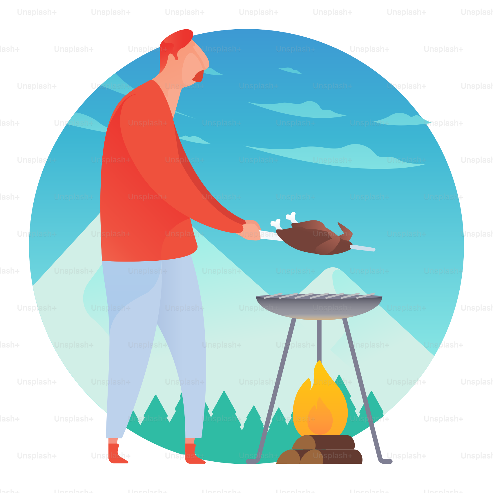 A man grilling a turkey over a campfire