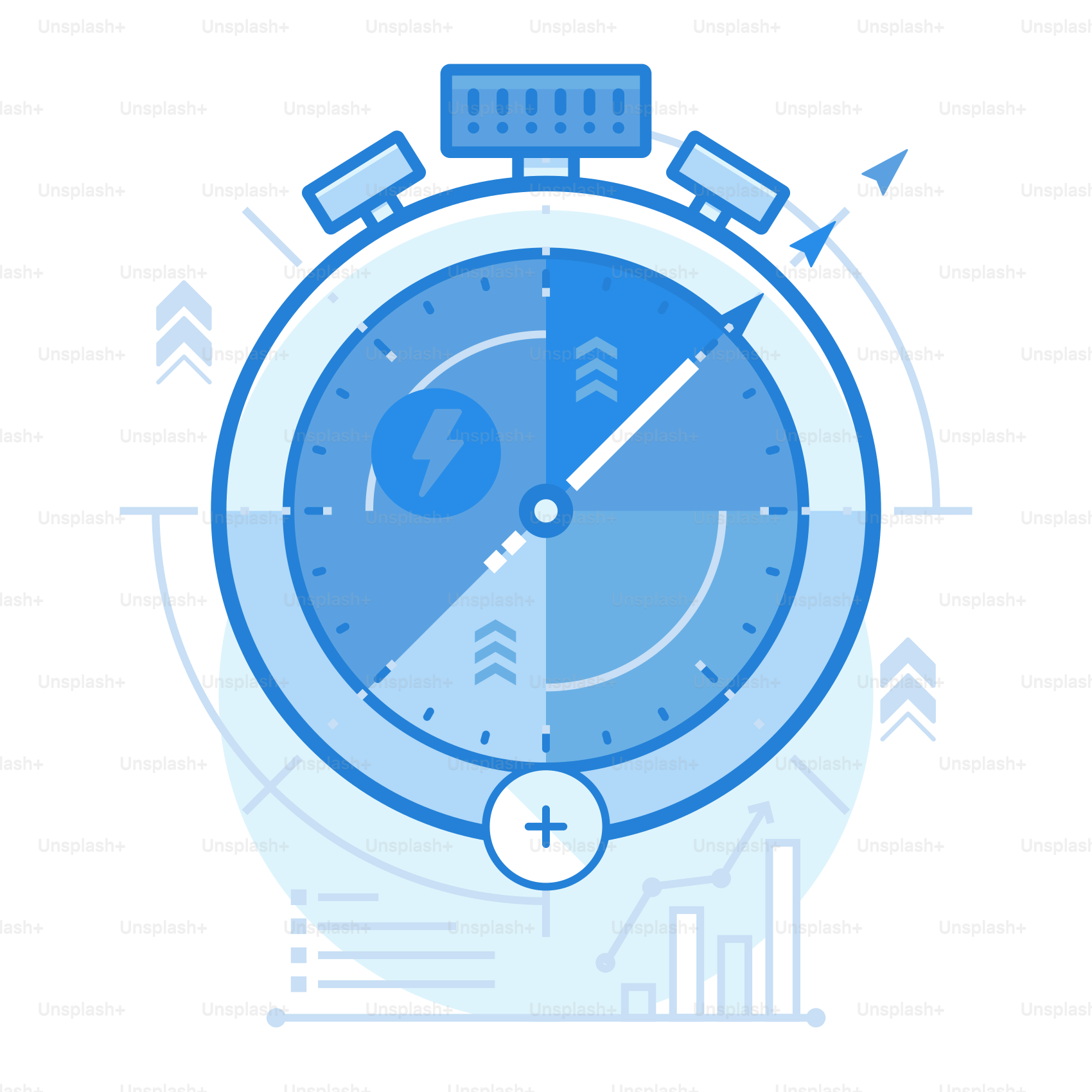 A blue alarm clock with arrows around it