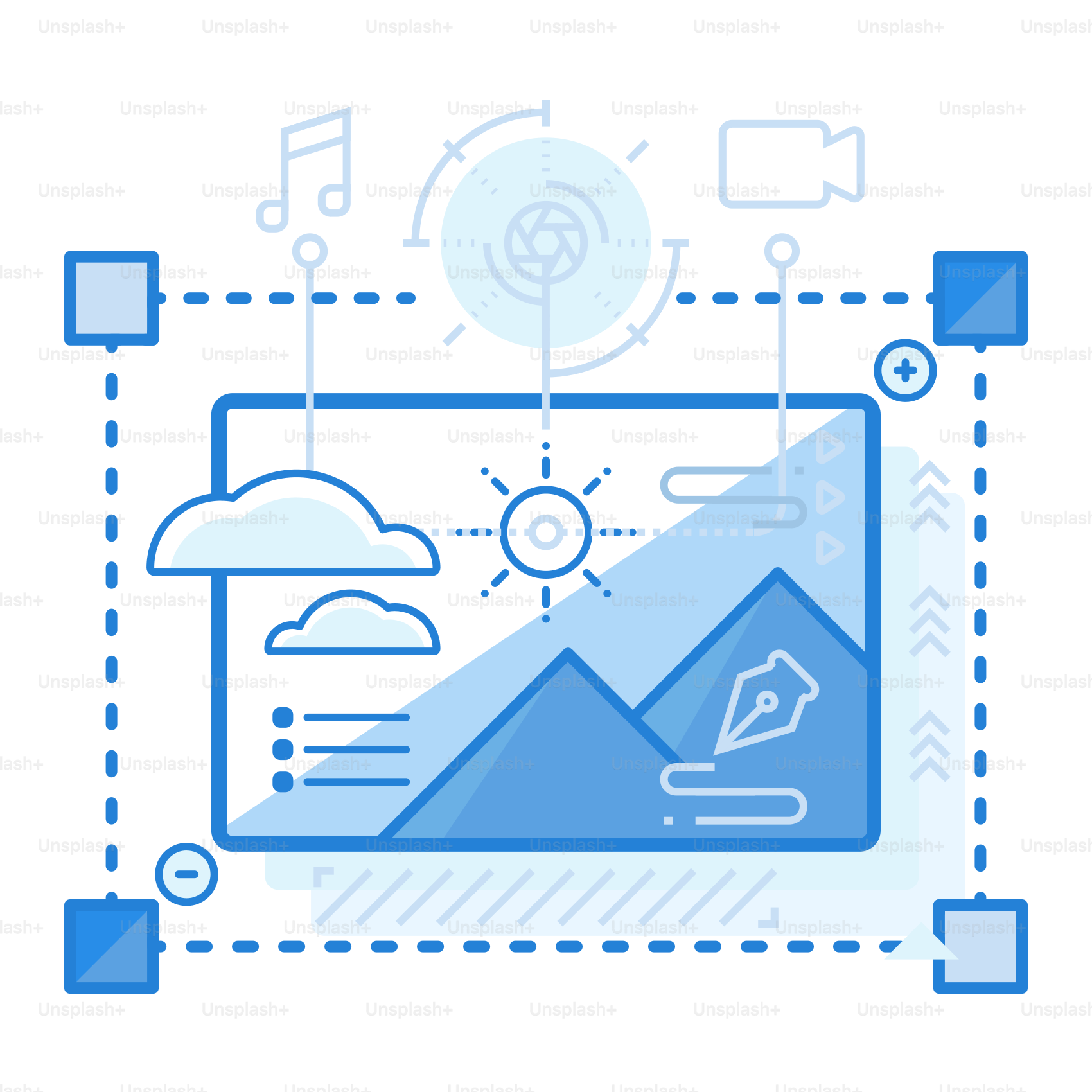A blue and white background with a picture of a mountain