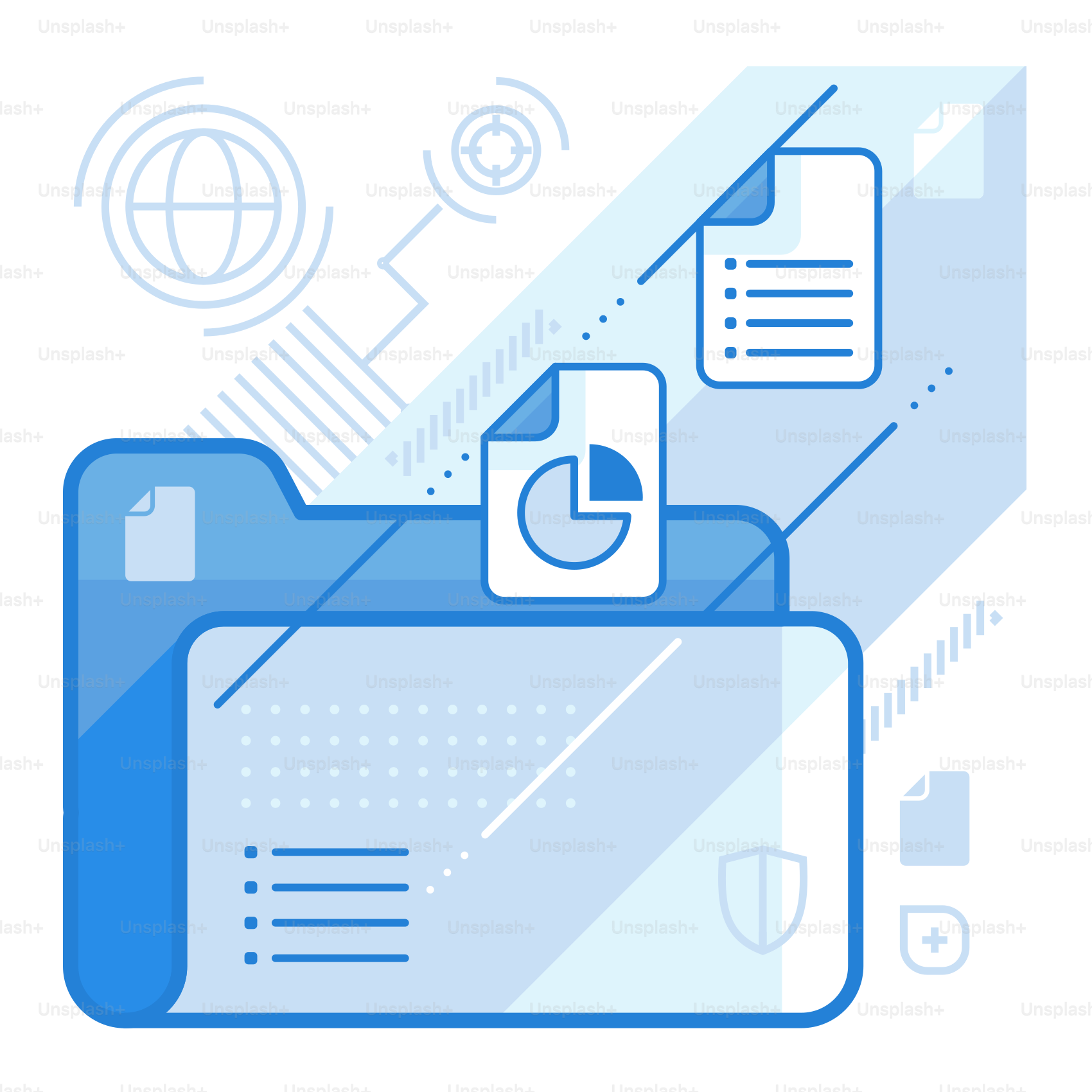 A blue folder with a document and a file on top of it