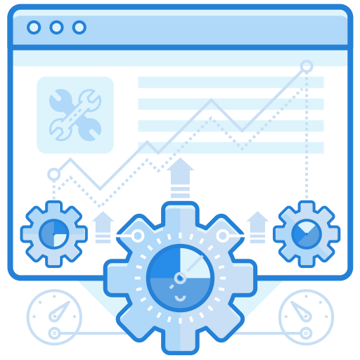 A computer screen with gears and a clock on it