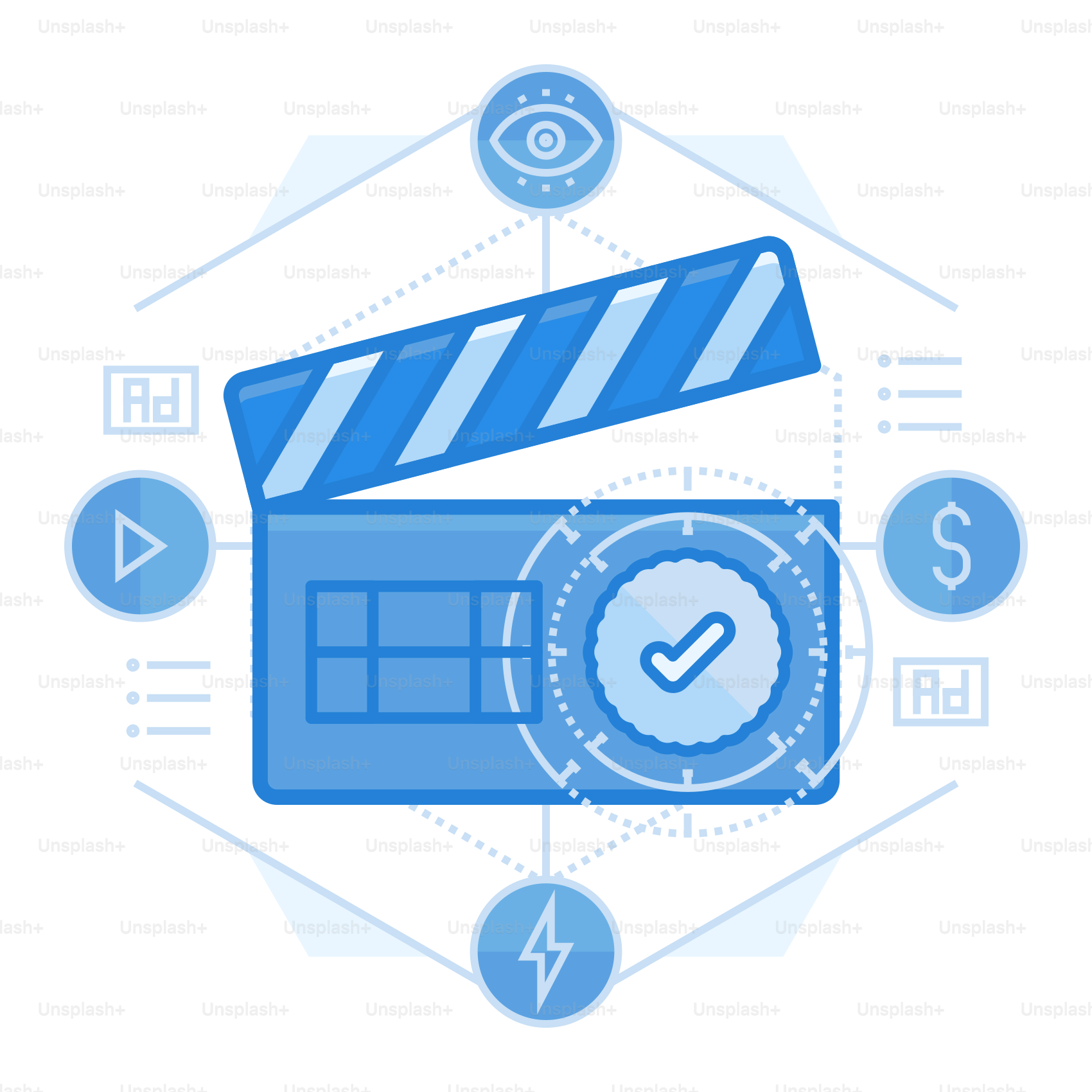 Ein Filmklöppel mit Symbolen drumherum
