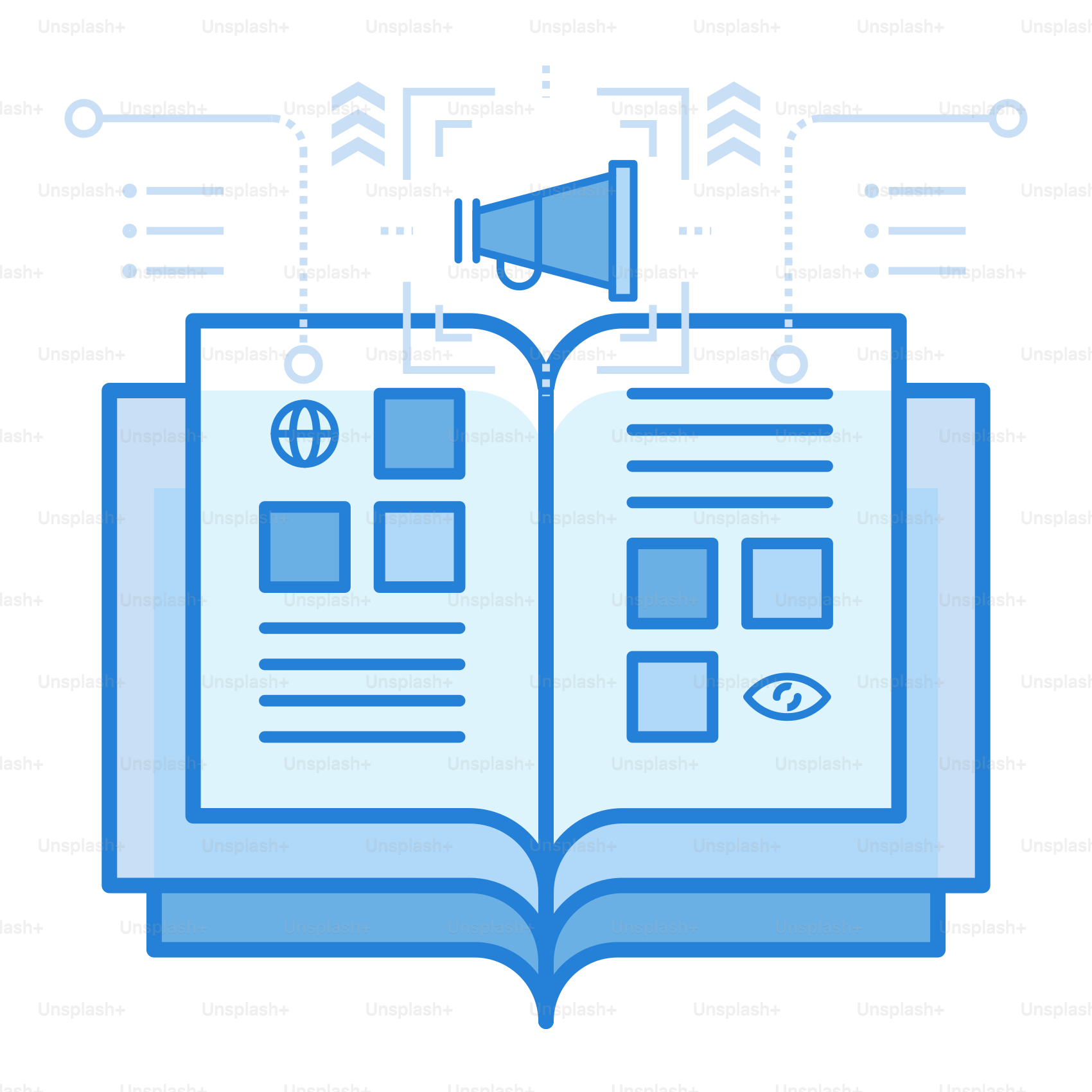 An open book with a bullhorn on top of it