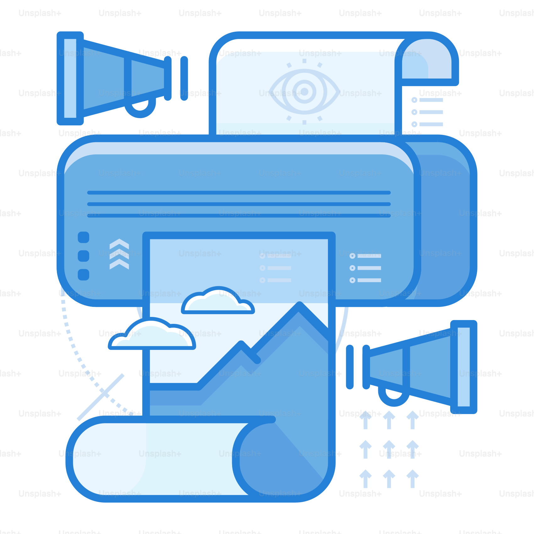 Eine blau-weiße Illustration eines Telefons und eines Lautsprechers