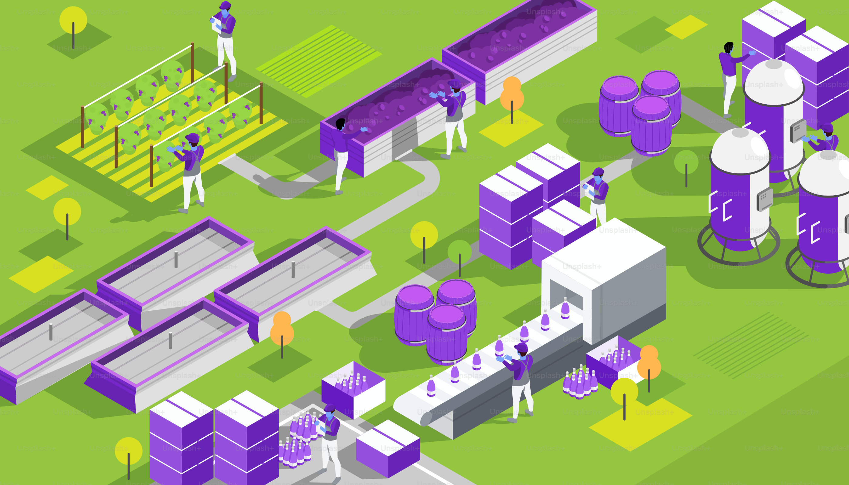 A group of people standing around a purple building