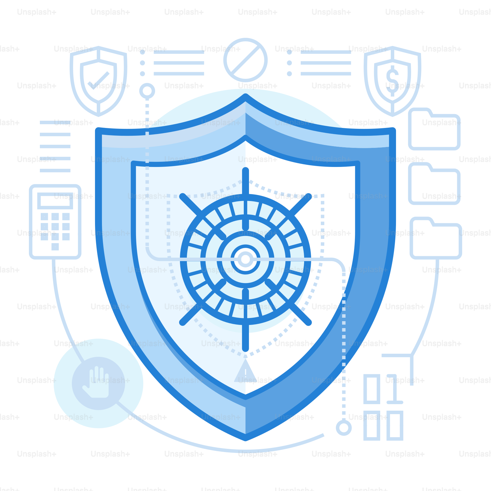 A blue shield with a white background