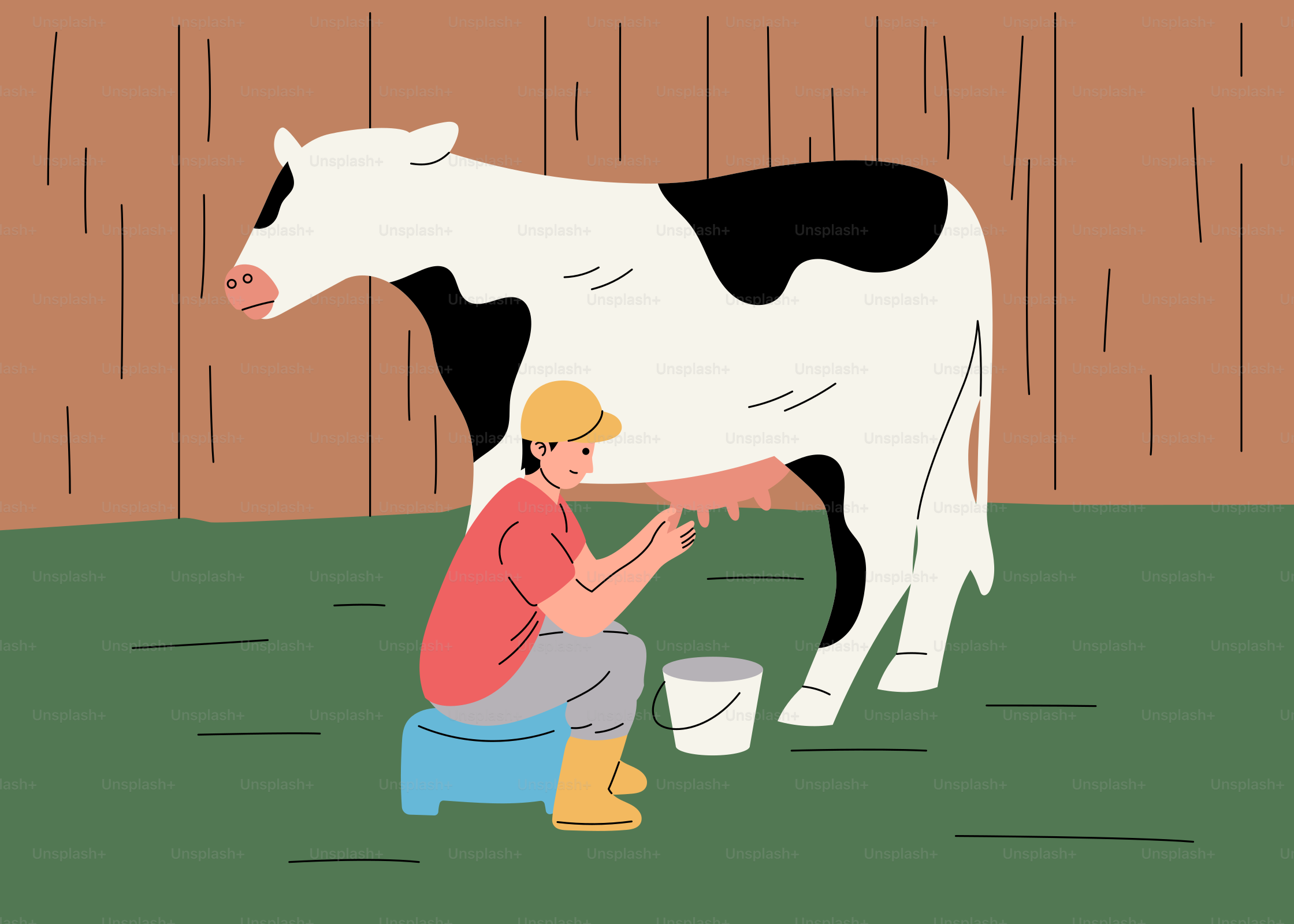 A man kneeling down next to a black and white cow