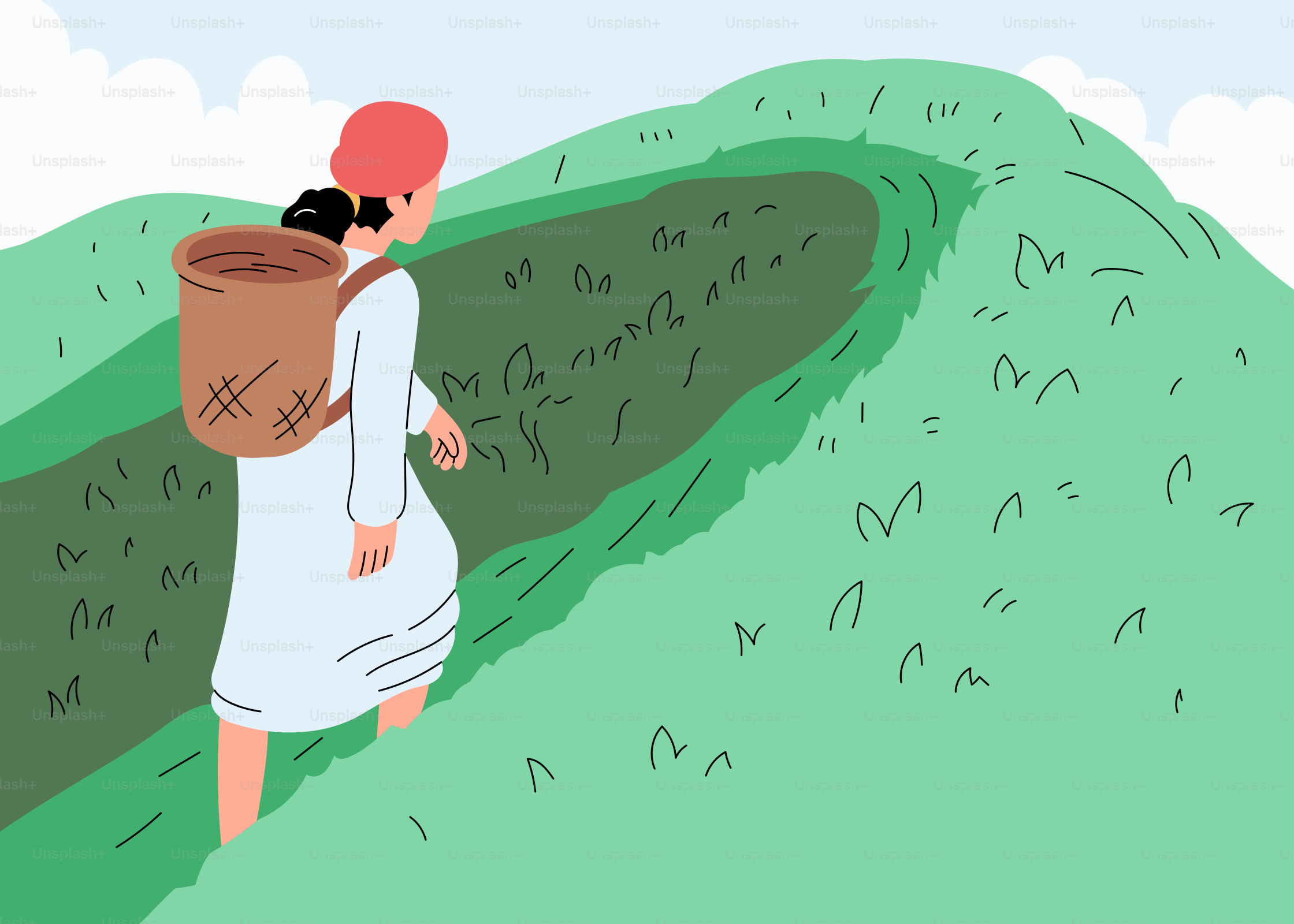 A woman walking up a hill carrying a basket