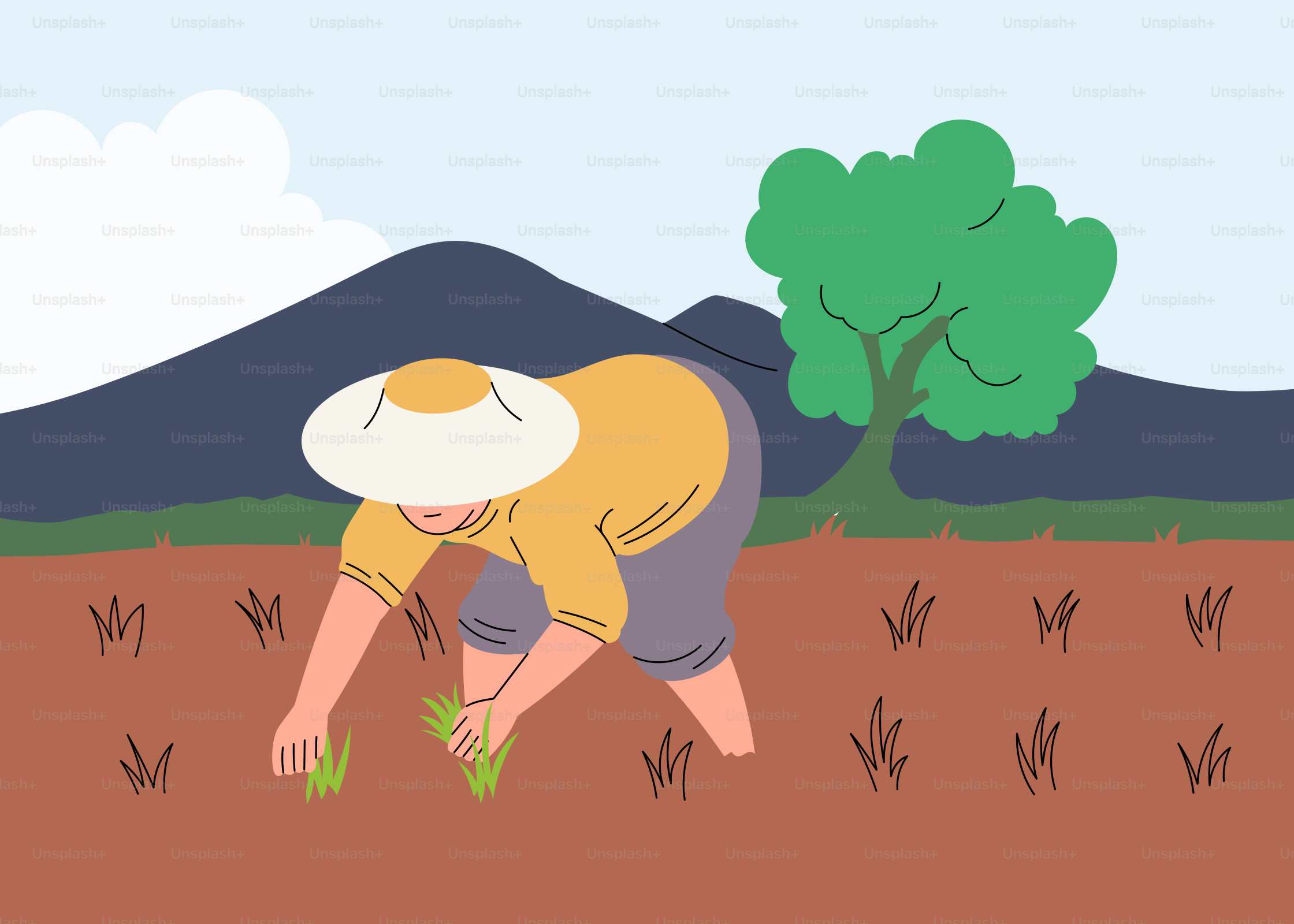 A person kneeling down in a field with a tree in the background