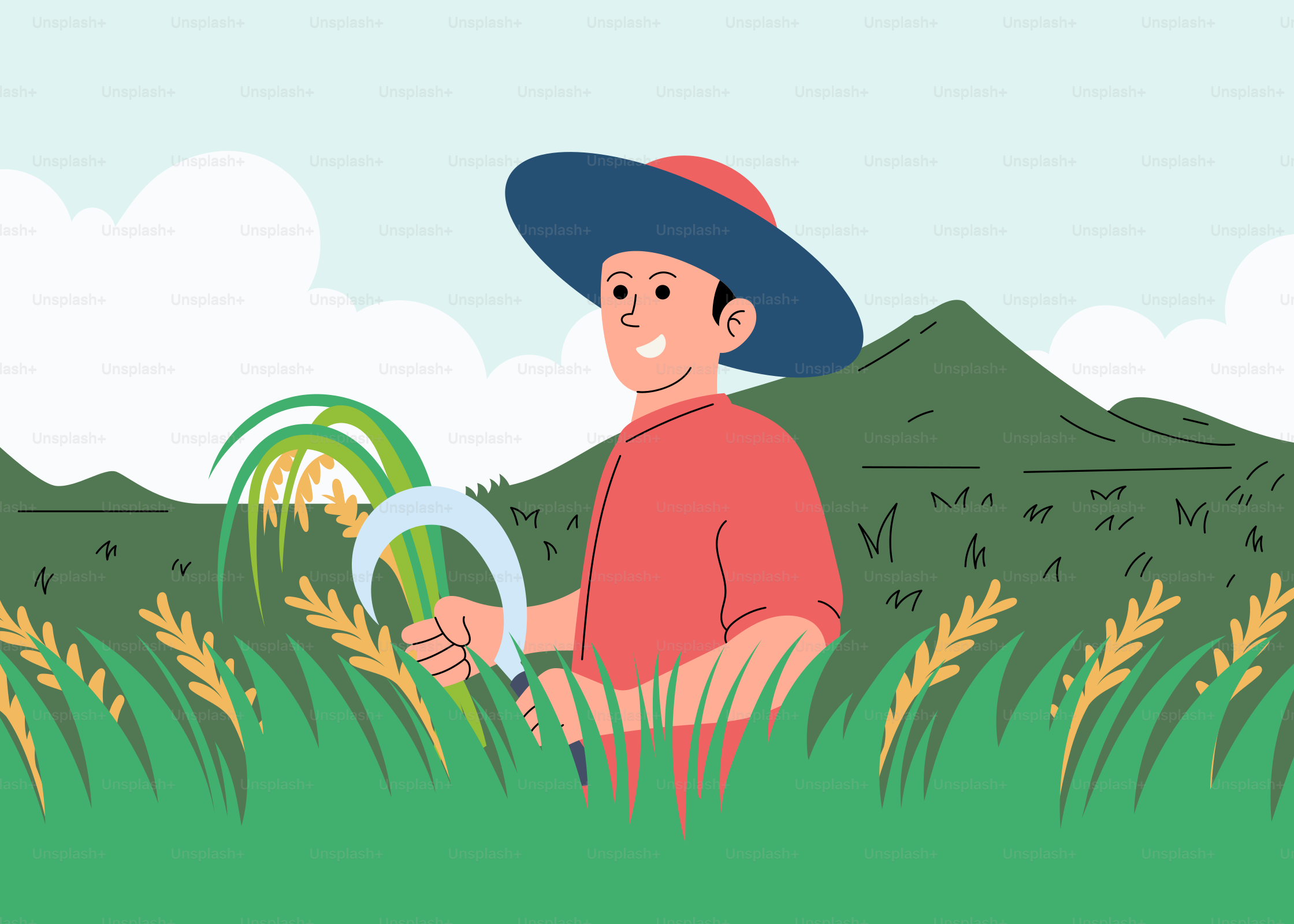 A man kneeling down in a field with a hat on