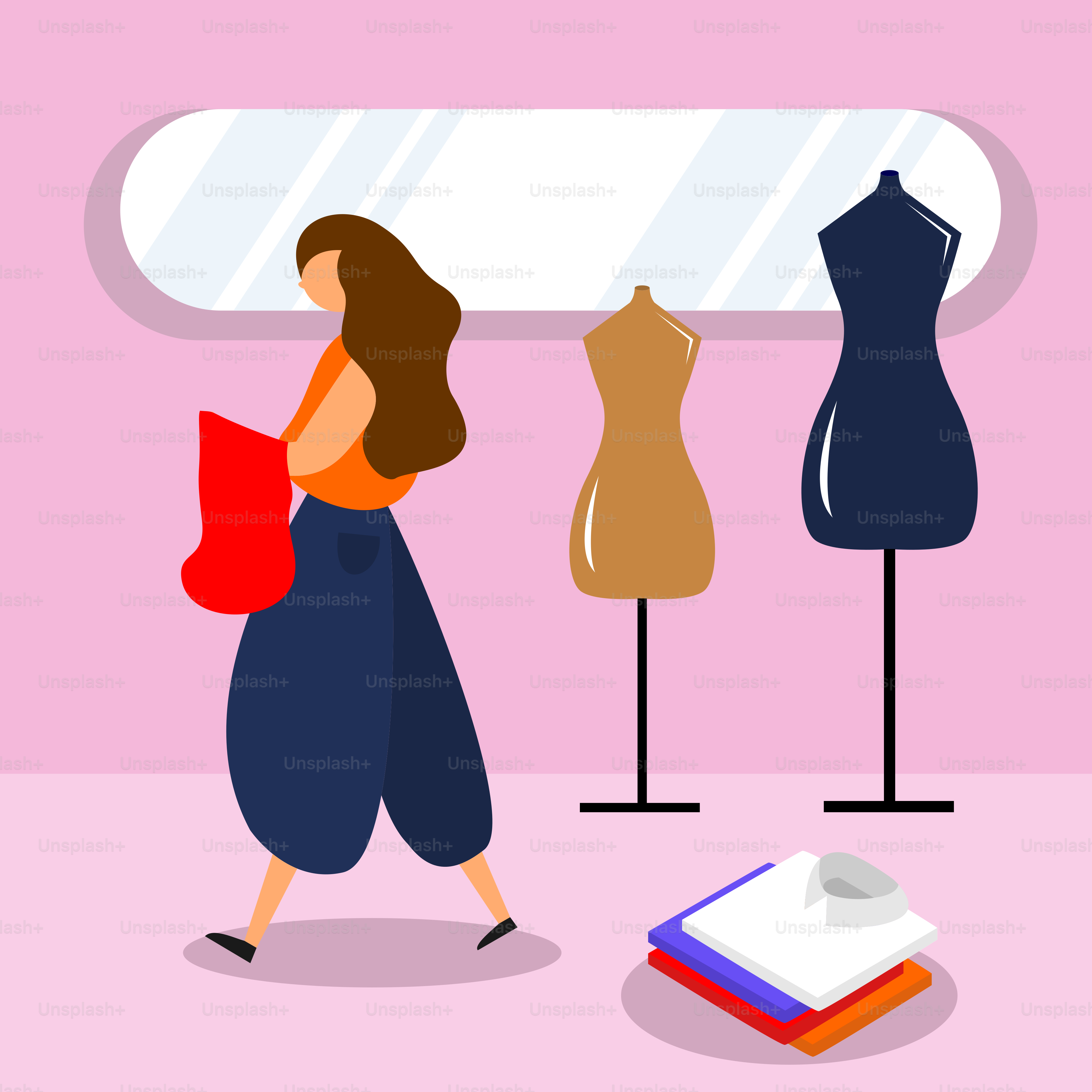 A woman walking past mannequins in a store