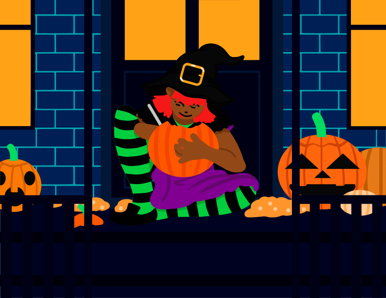 A cartoon of a witch sitting on a porch