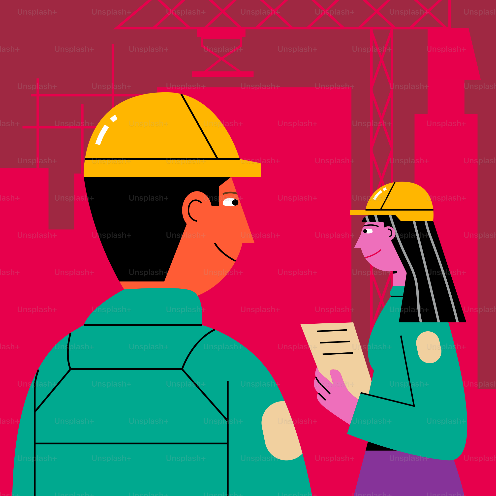 A man in a hard hat is talking to a woman