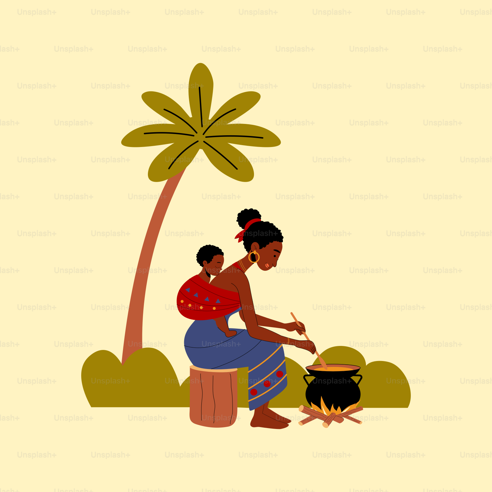 A woman is cooking on a grill next to a palm tree