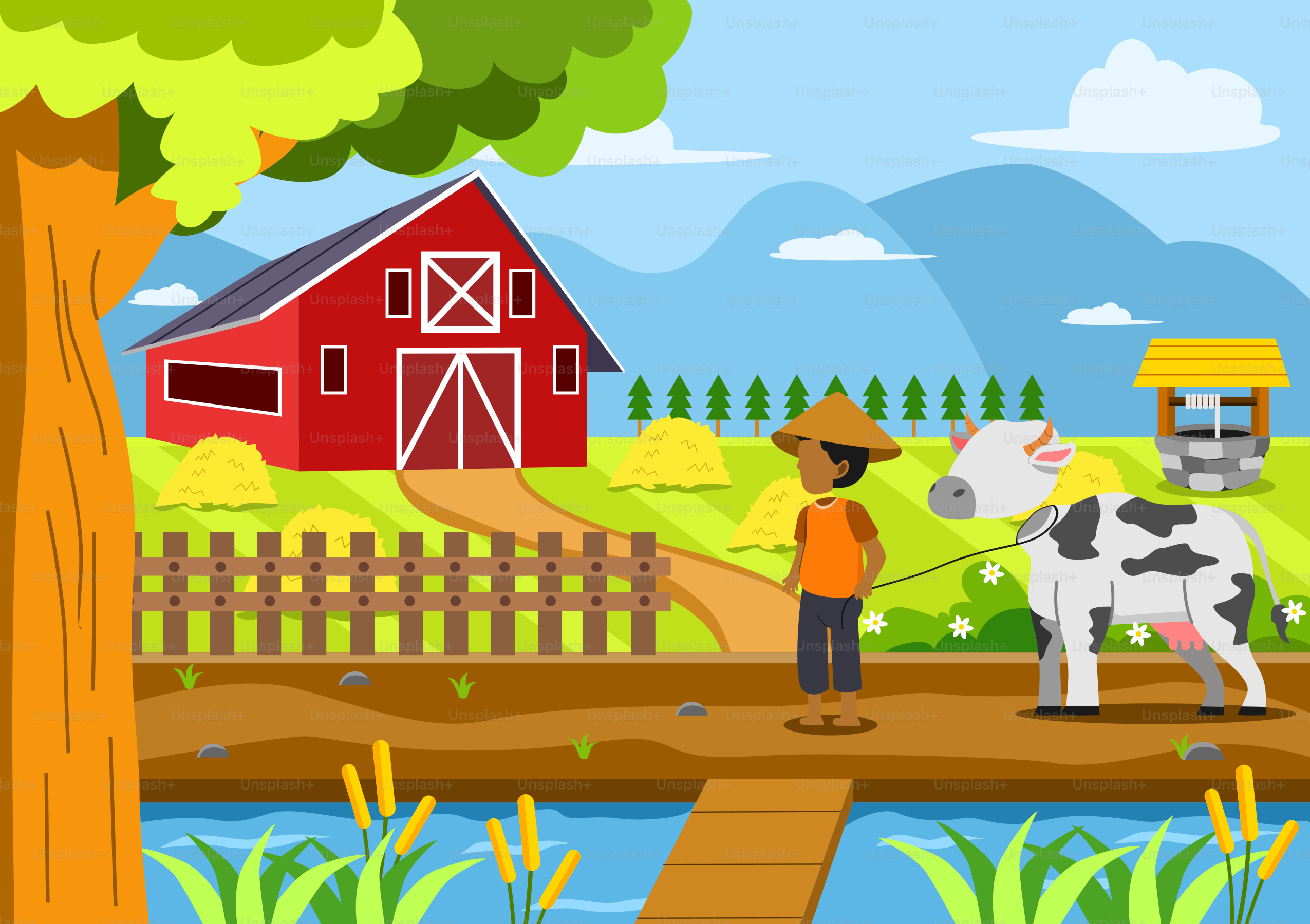 Ein Mann, der neben einer Kuh am Fluss steht