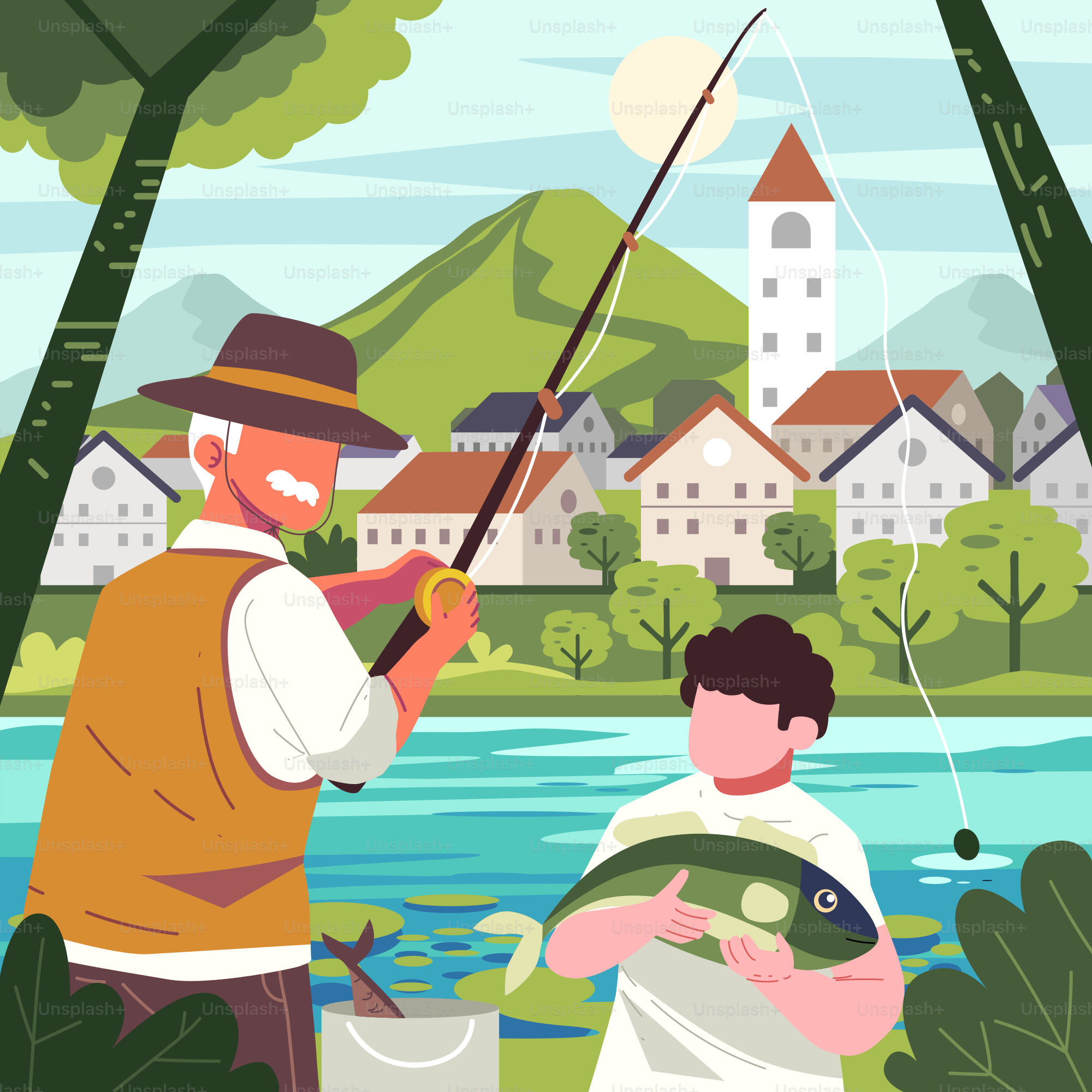 A man holding a fish while standing next to another man