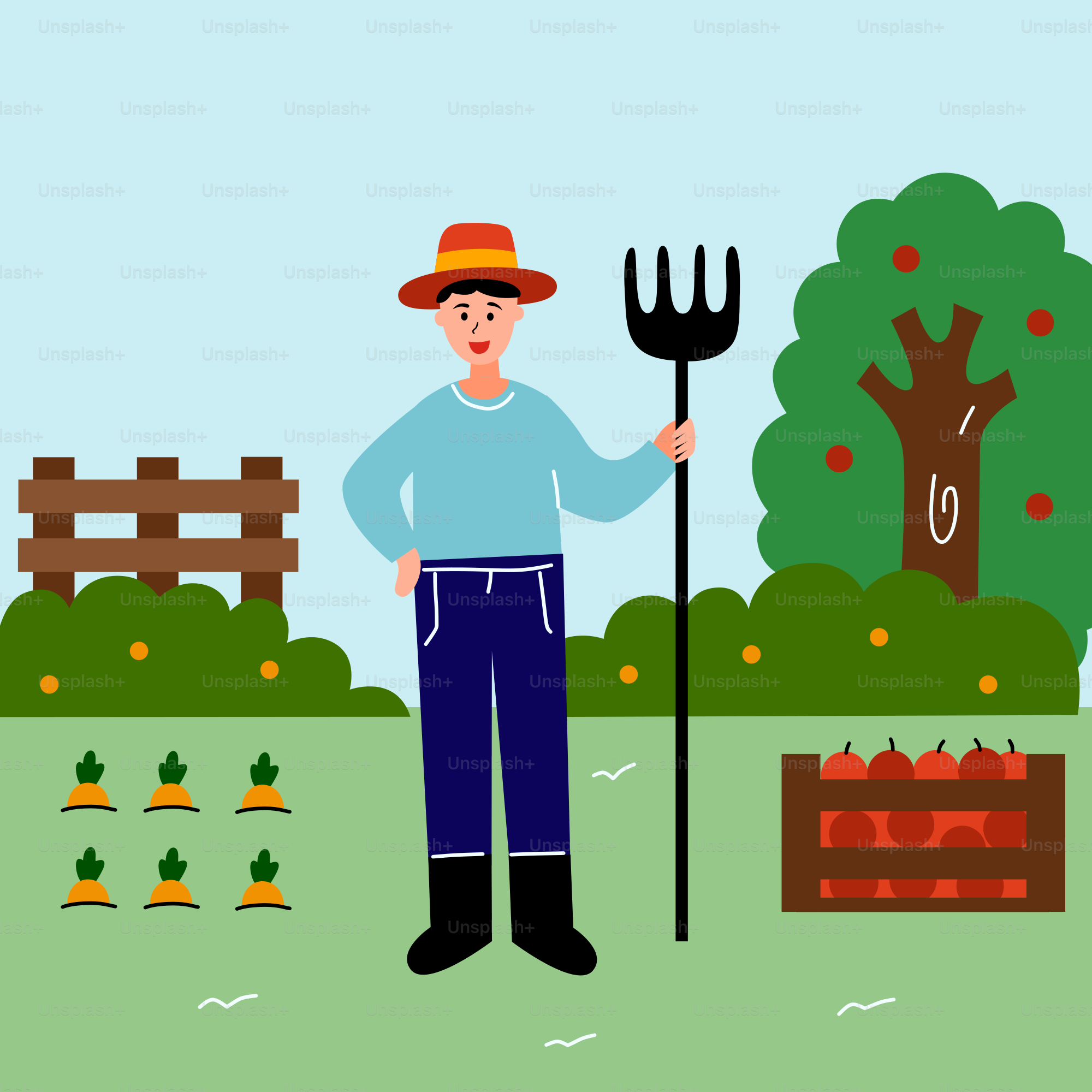 Ein Mann, der auf einem Feld steht und eine Mistgabel in der Hand hält