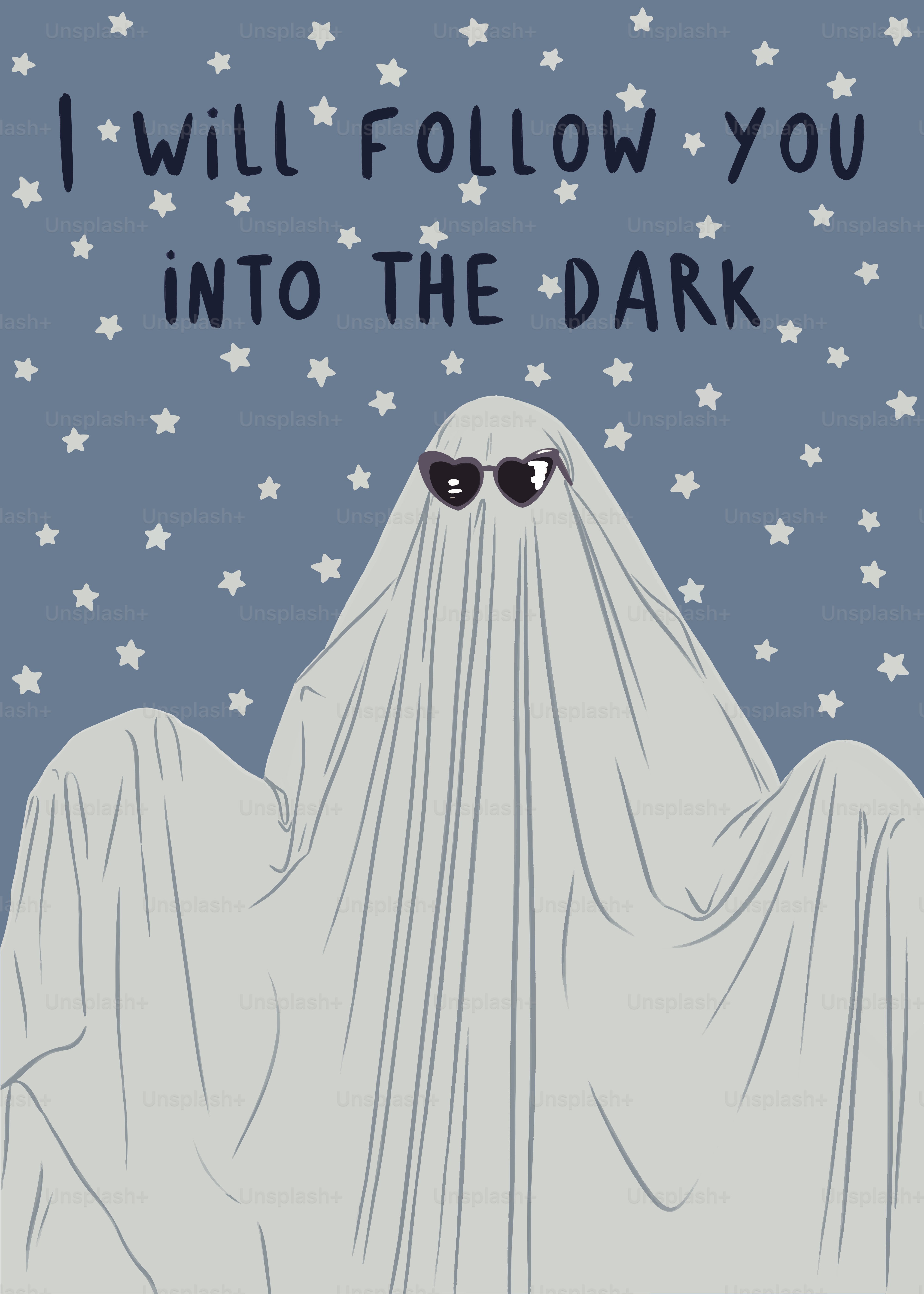 Una tarjeta con un fantasma con gafas de sol y las palabras te seguiré en el