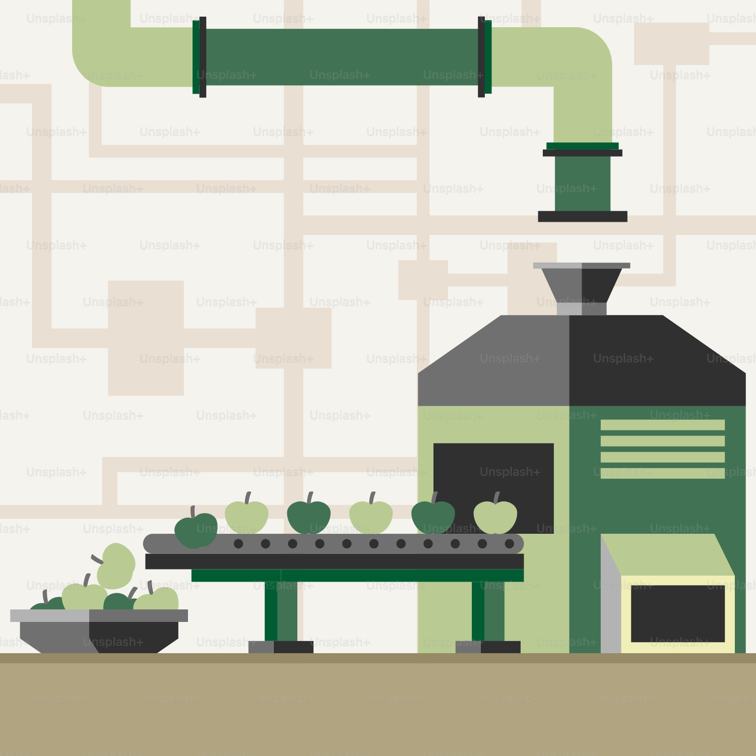 A picture of a factory with pipes and plants