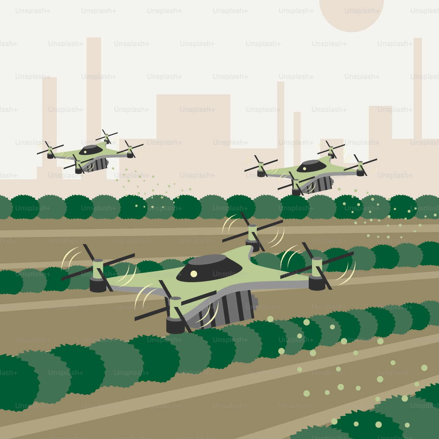 A group of green airplanes flying over a lush green field