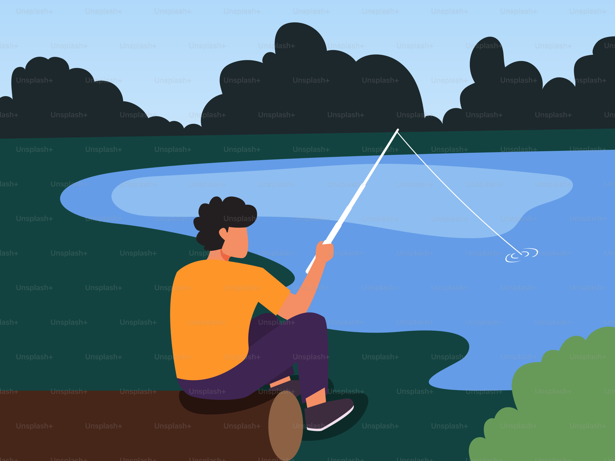 Um homem sentado em um tronco pescando em um lago