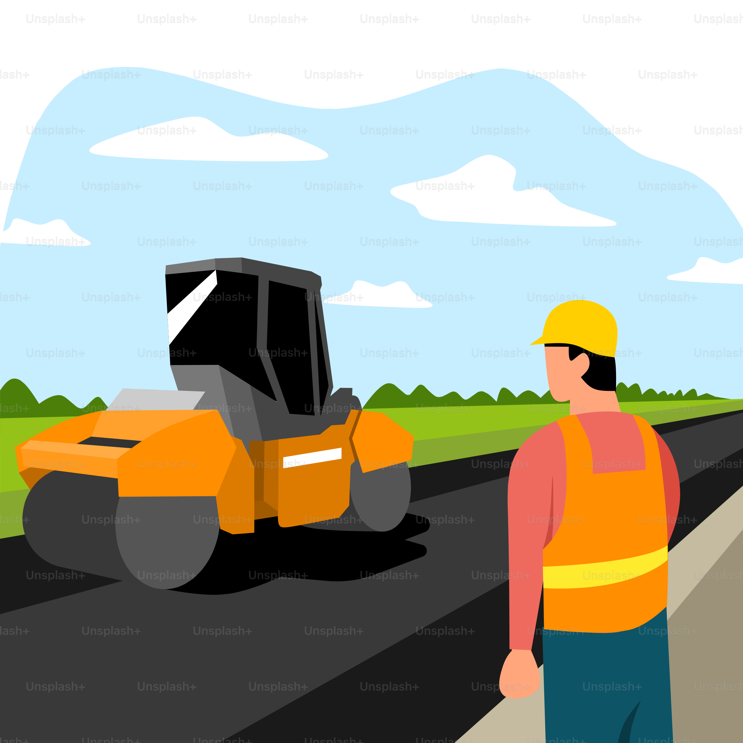 Un homme debout sur le bord d’une route à côté d’un véhicule de construction