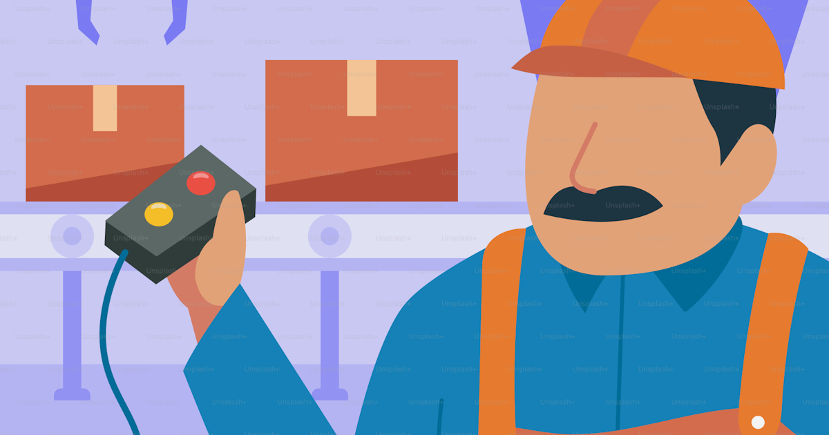 A man in an orange apron holding a remote control vector – Machine ...