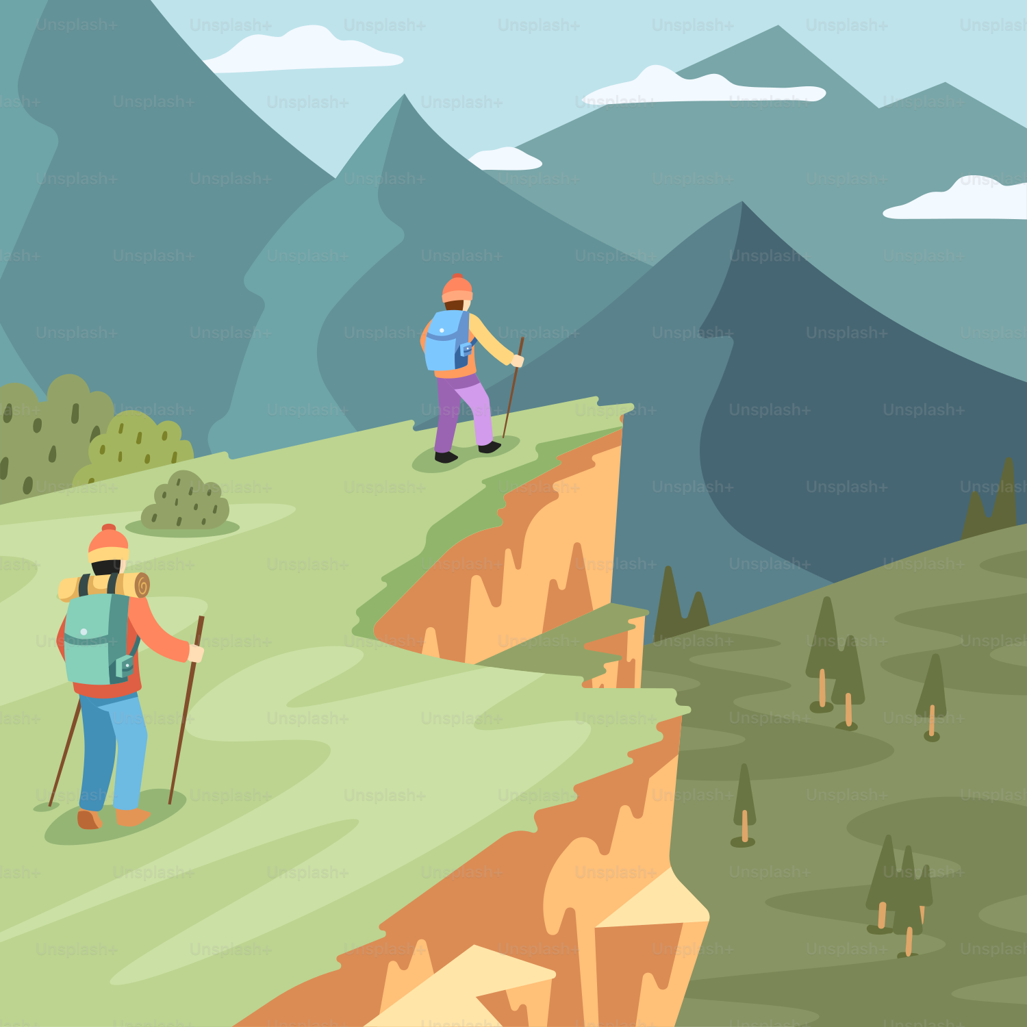 A couple of people hiking up a hill