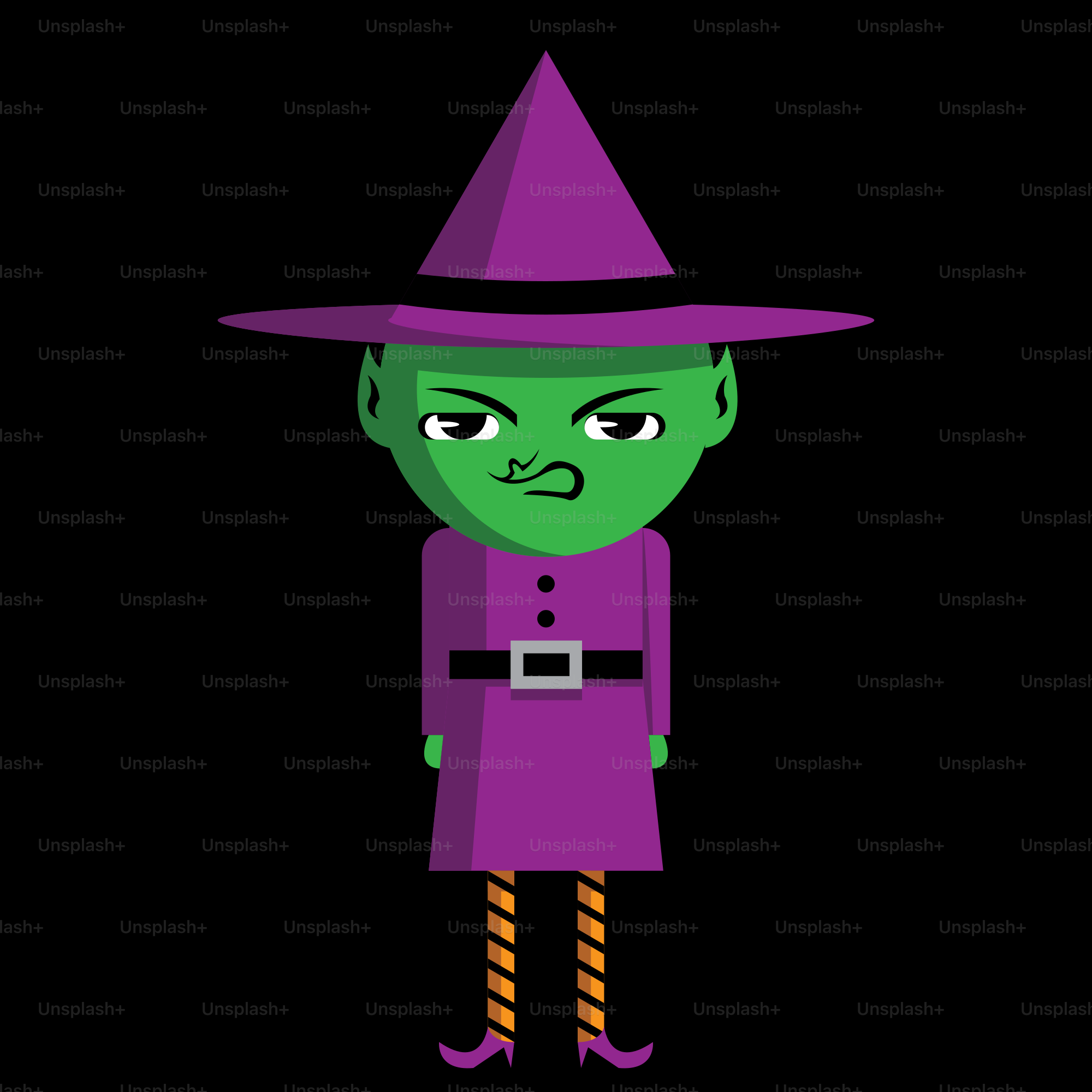 Una bruja verde con sombrero morado y botas moradas