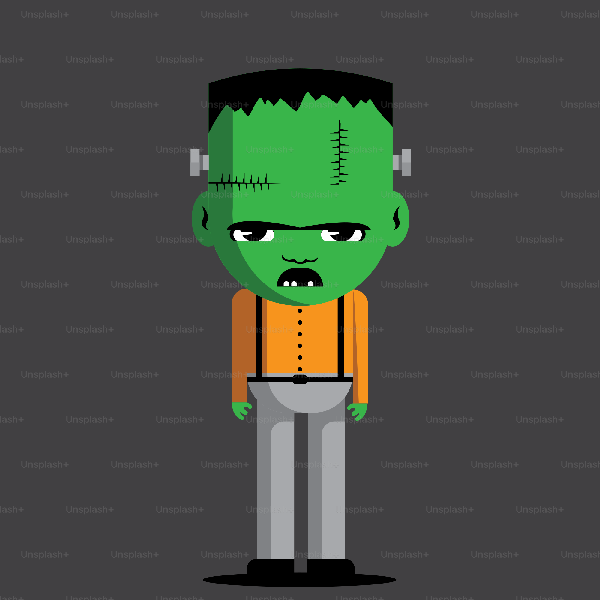 Eine Cartoonfigur mit grünem Kopf und orangefarbenem Hemd