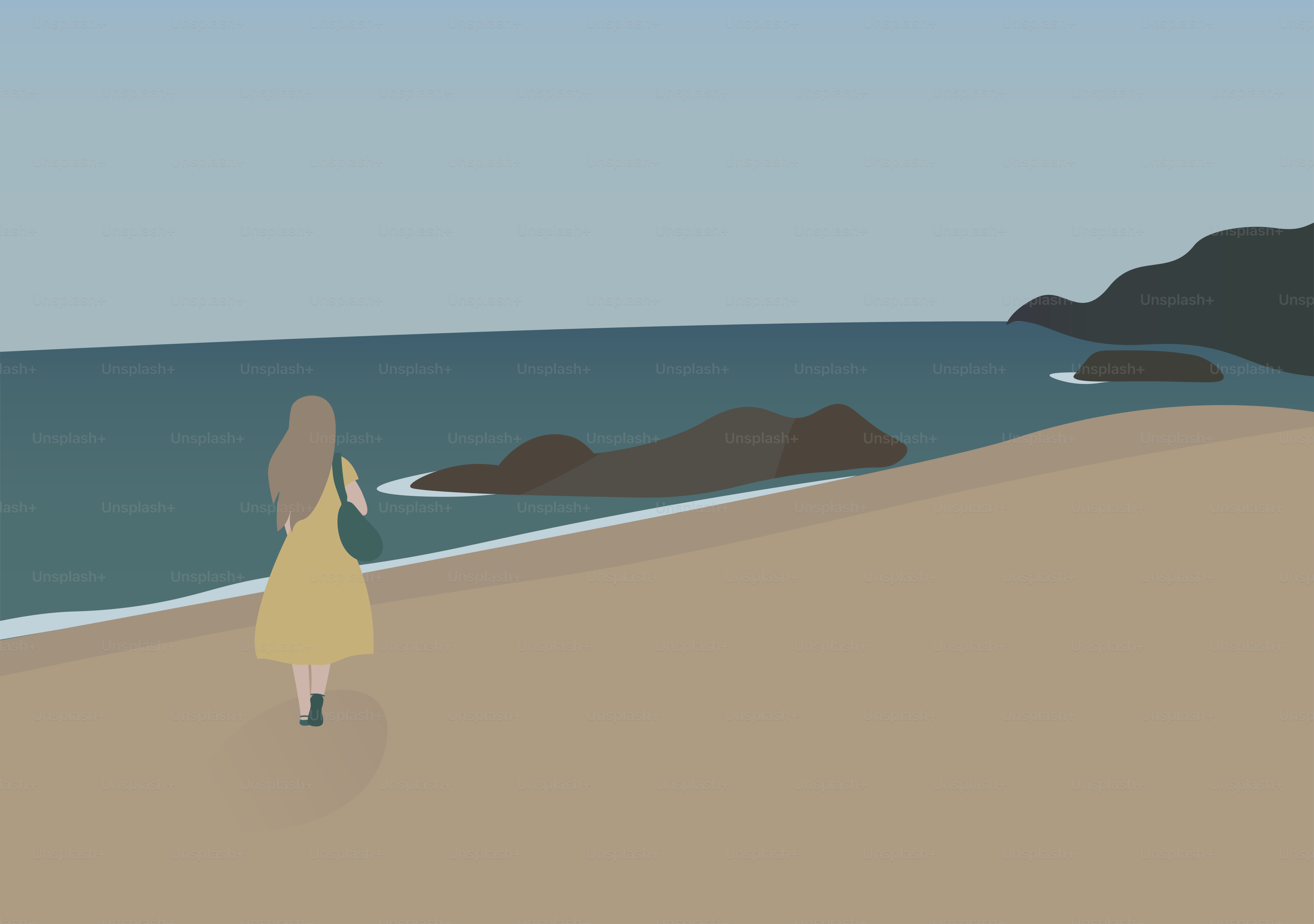 Una mujer con un vestido amarillo caminando por una playa