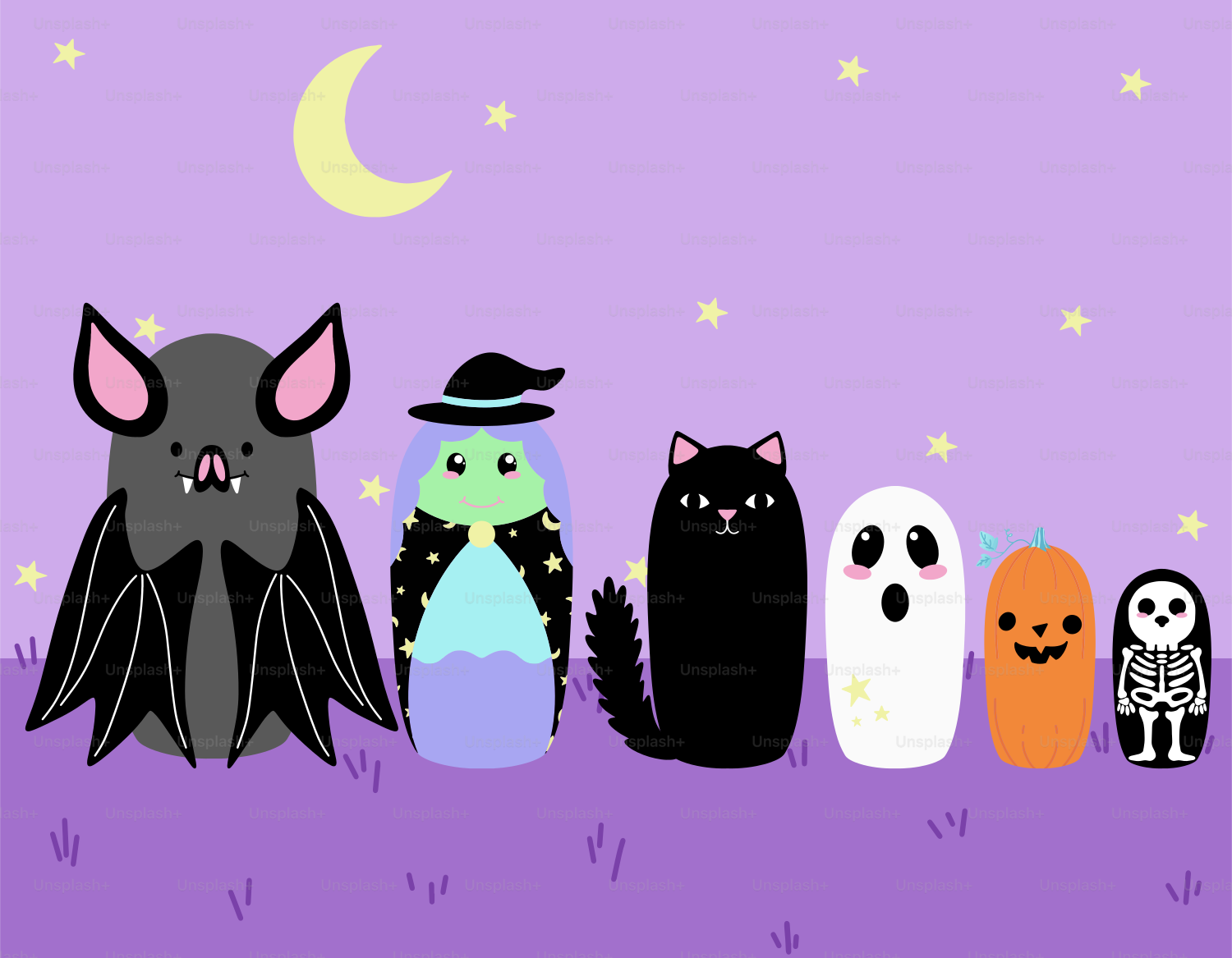 A group of halloween cats sitting on top of a field