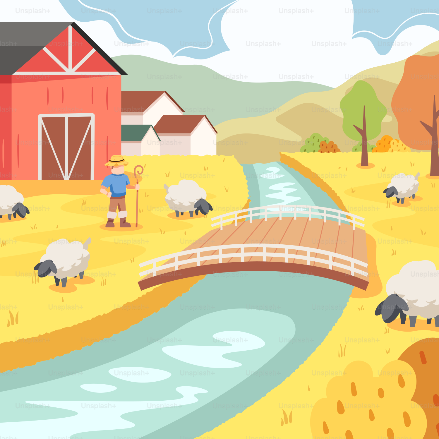 Eine Bauernhofszene mit Schafen und einer Brücke