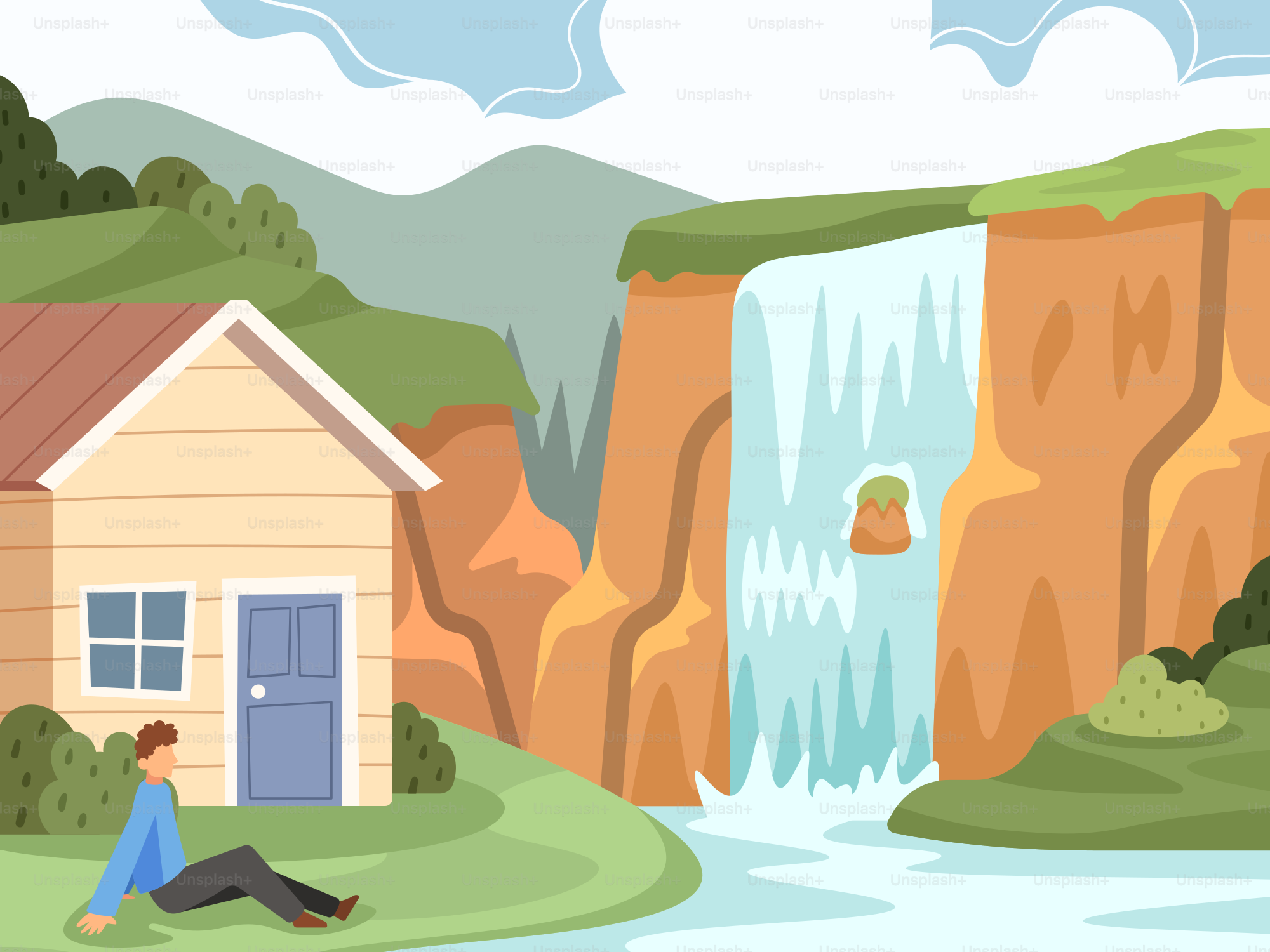 A man sitting on the ground next to a house near a waterfall
