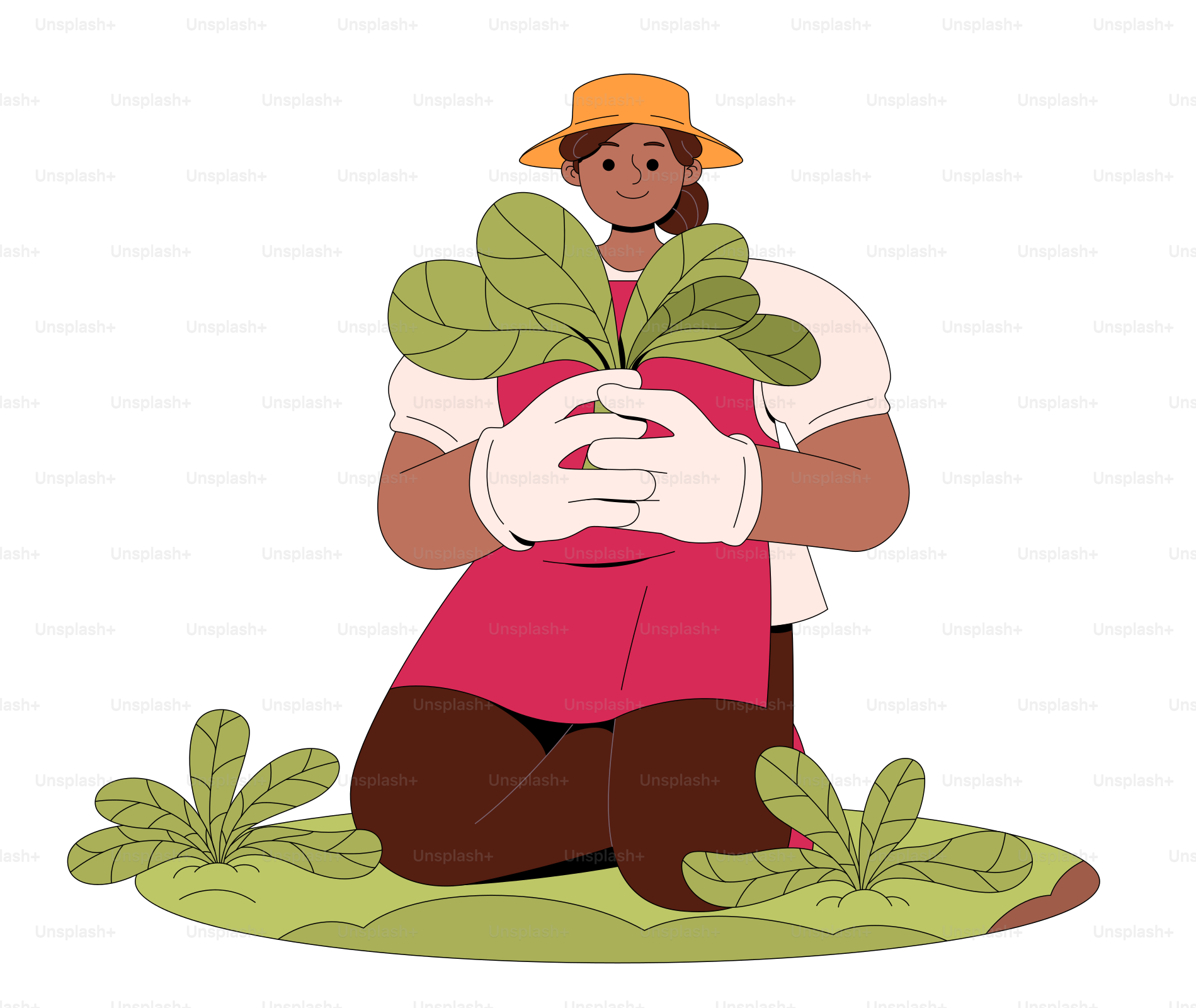 A person kneeling down with a plant in their hands