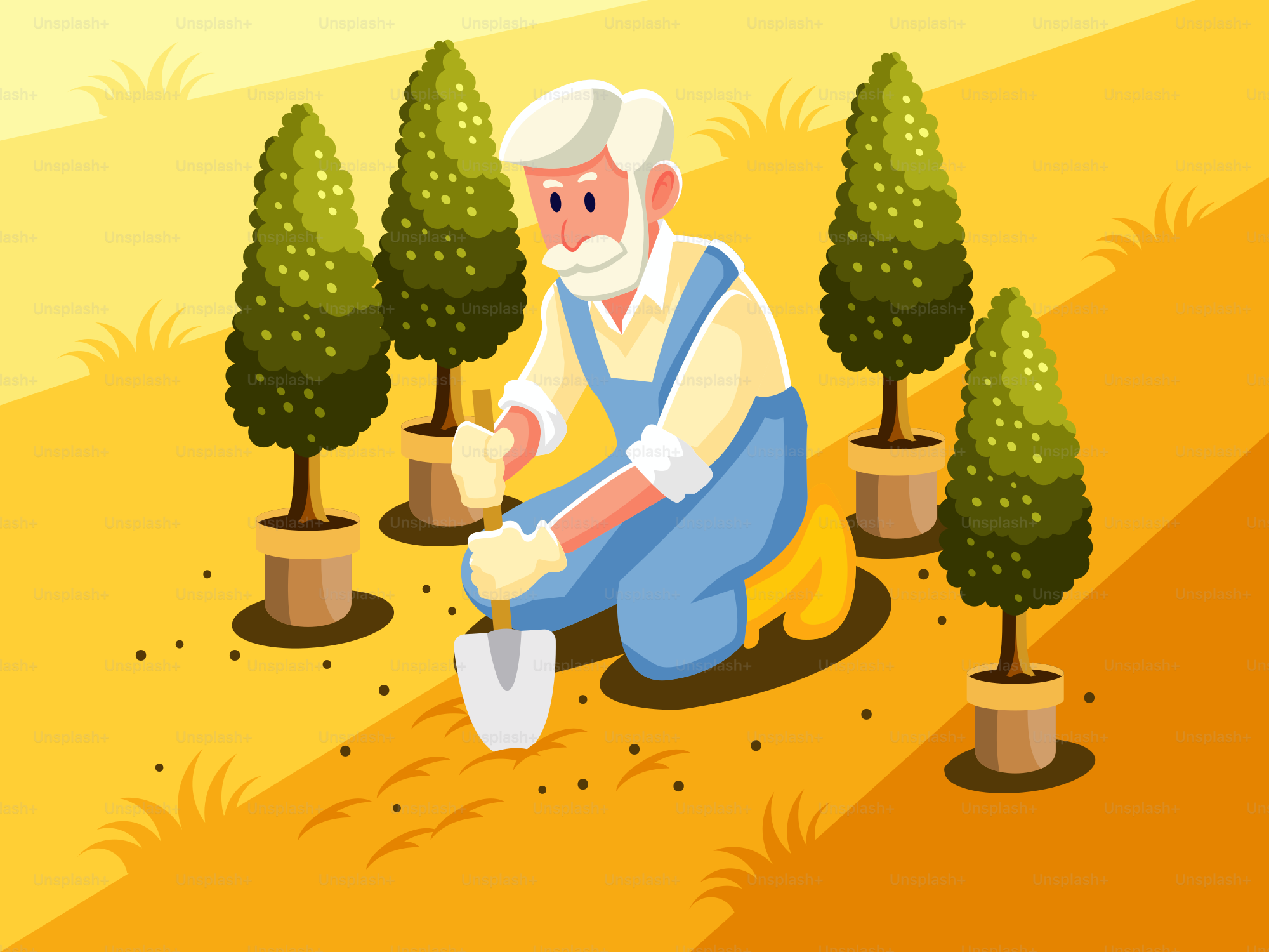 An old man is working in the garden