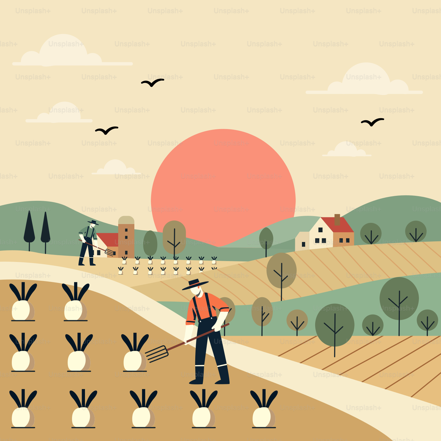 A man is standing in a field with a rake