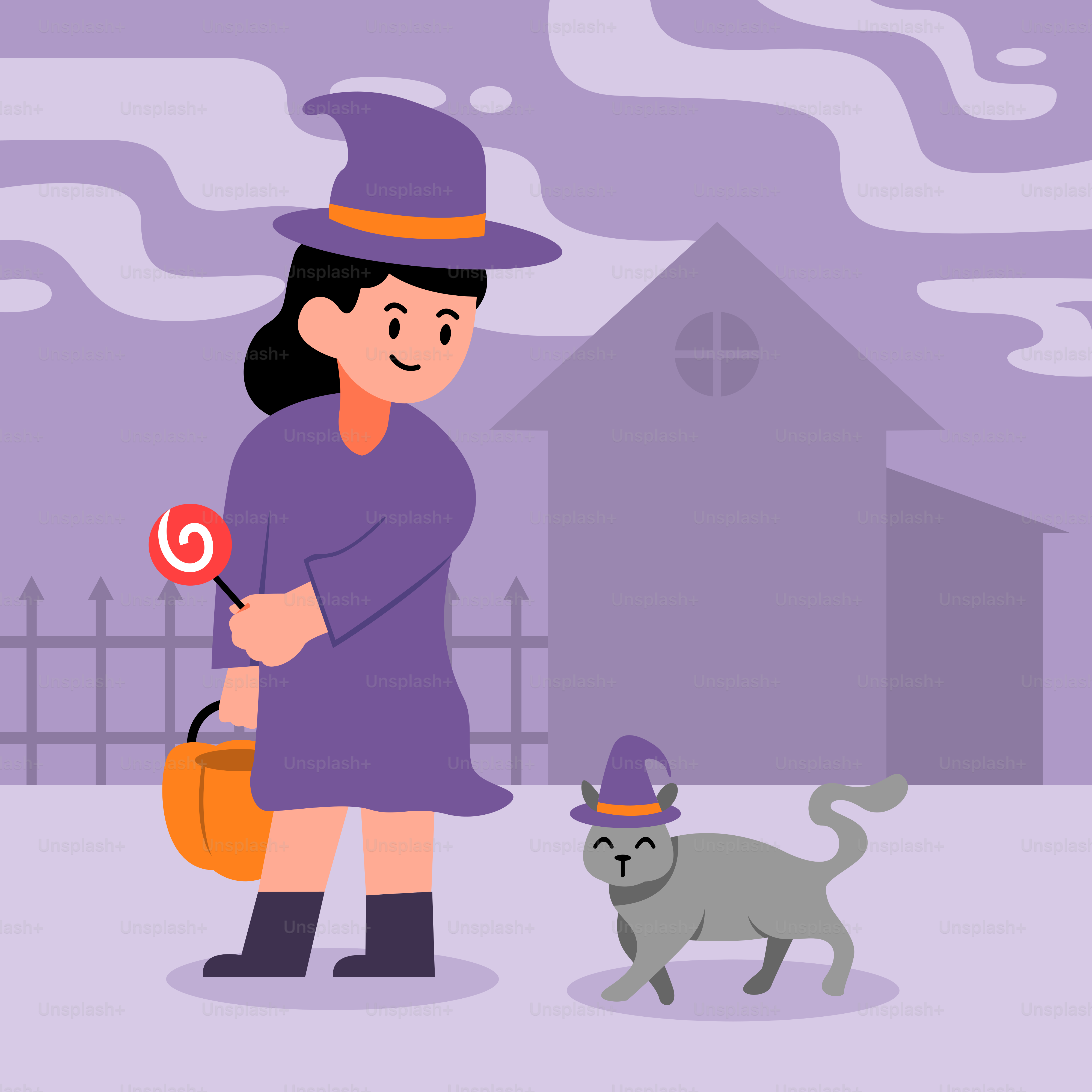 Eine Frau in einem lila Kleid und eine Katze