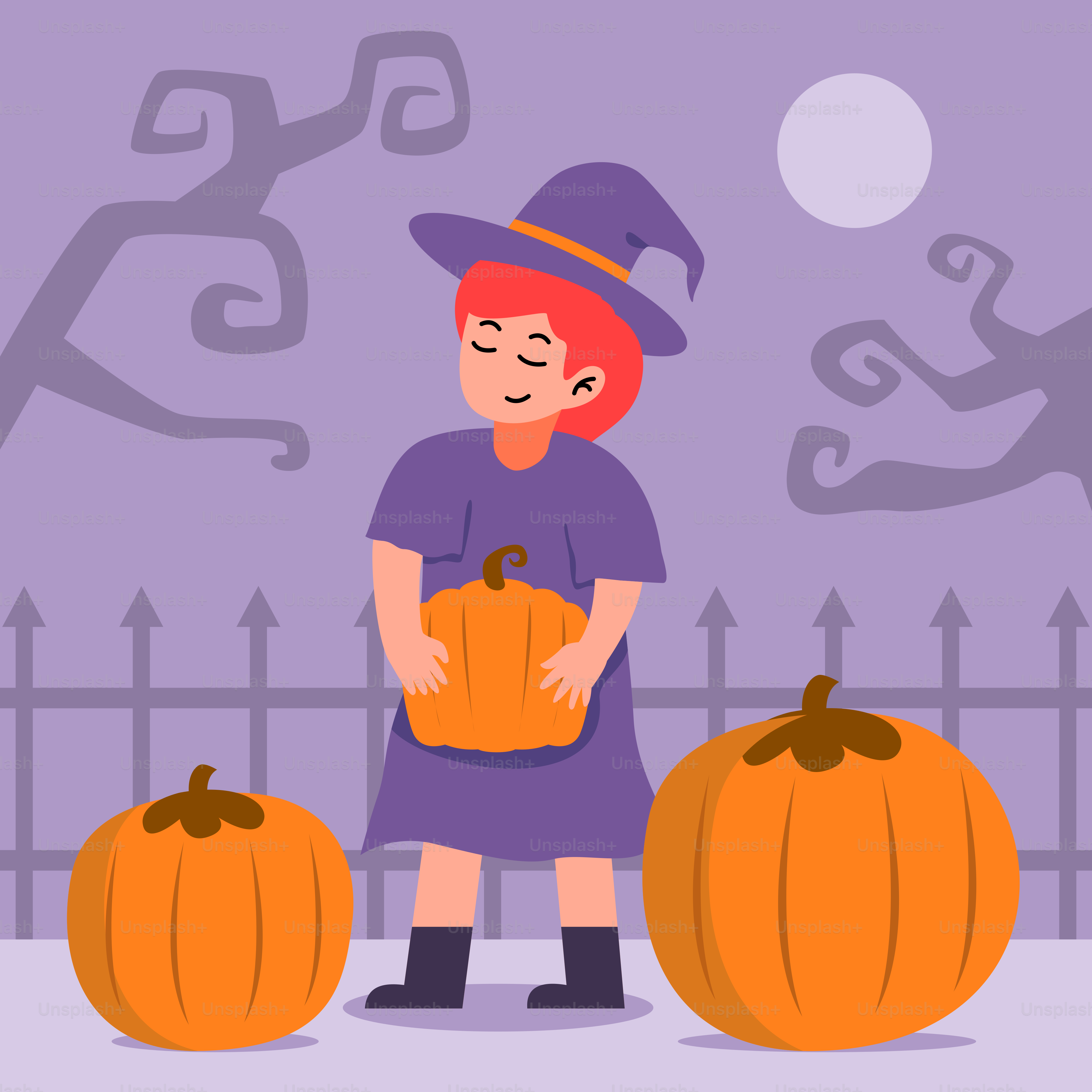 A woman in a witch costume holding a pumpkin