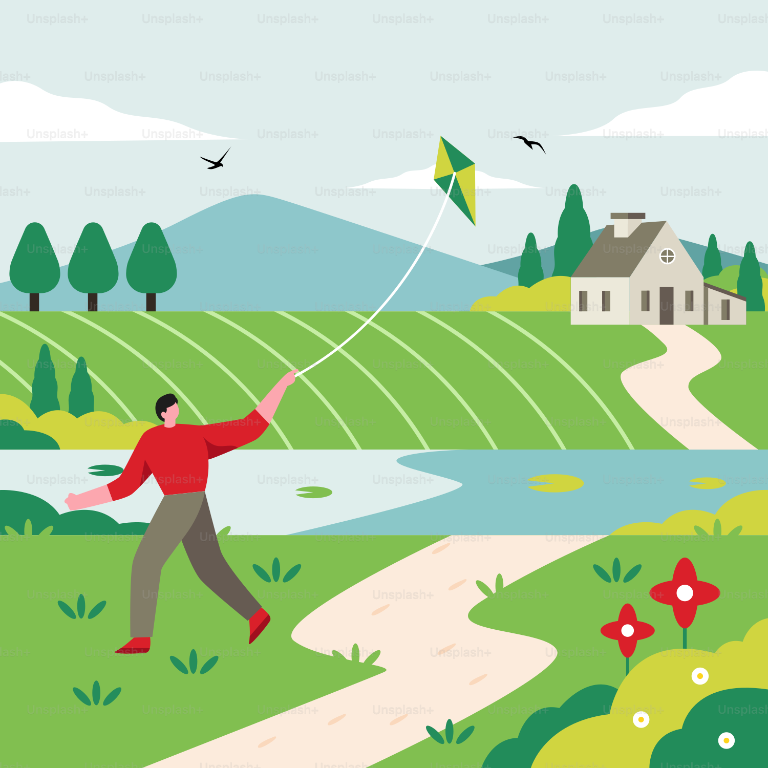 A man is flying a kite in a field