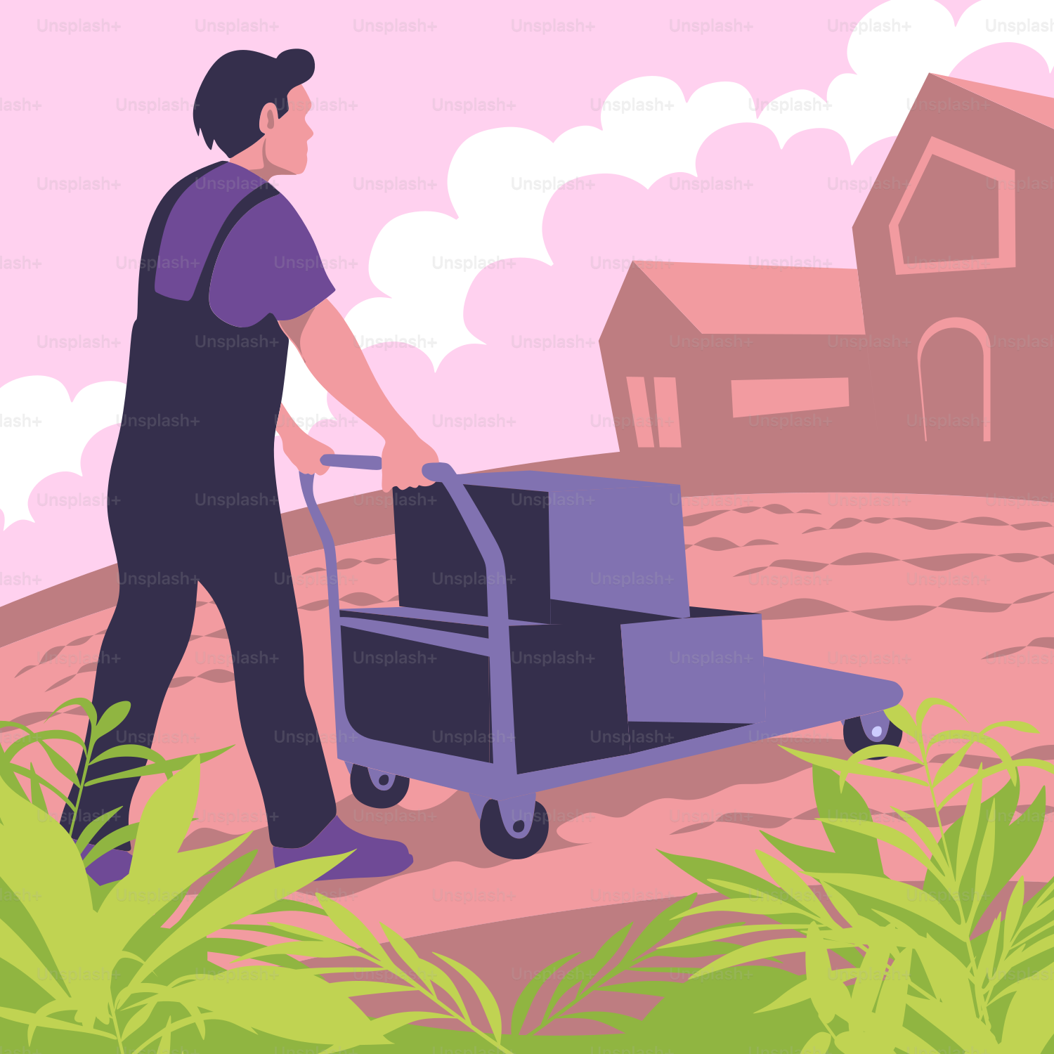 A man pushing a cart in a field