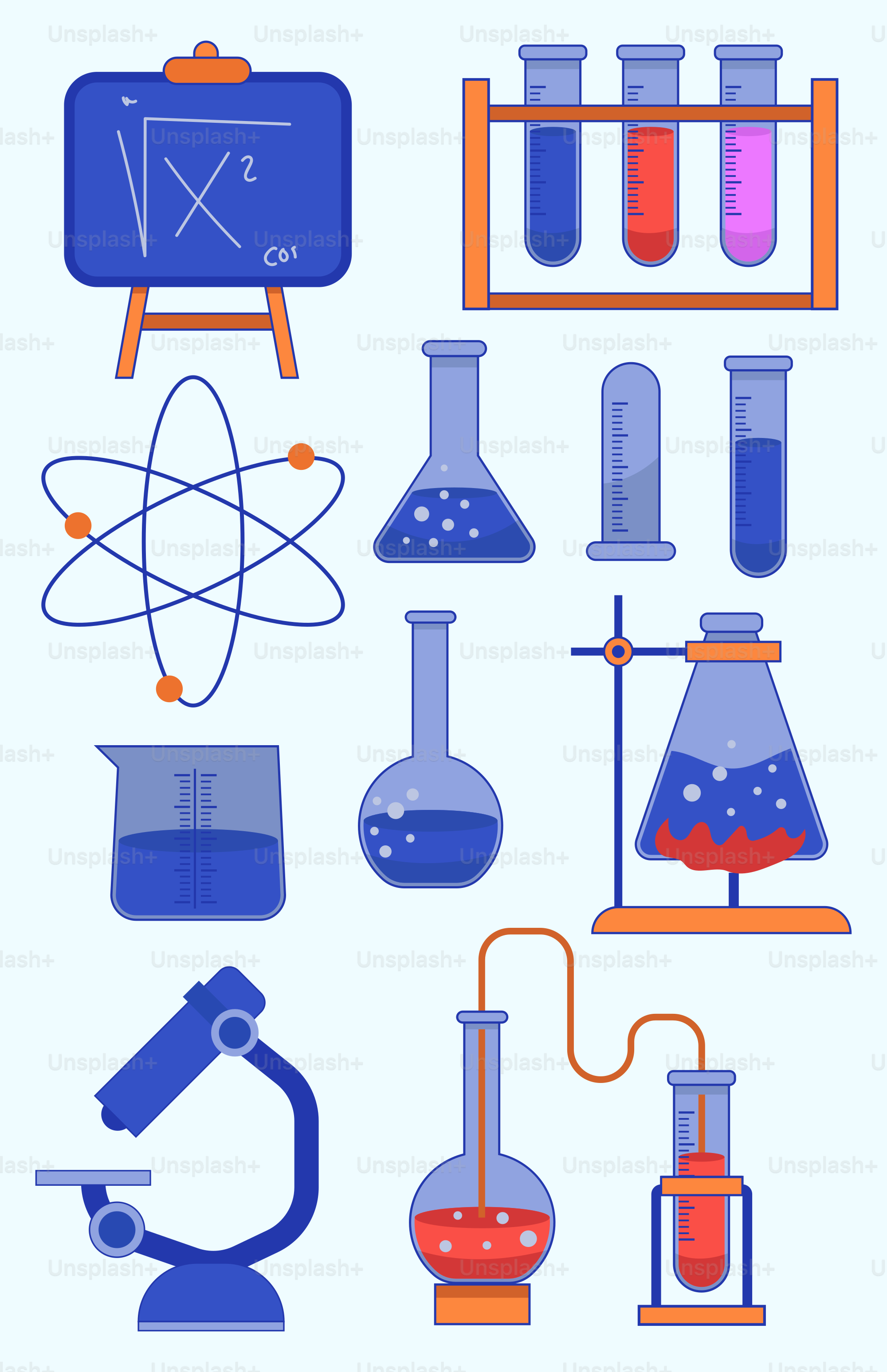 Eine Reihe von wissenschaftlichen Gegenständen, darunter Schnäbel, Kolben, Kolben