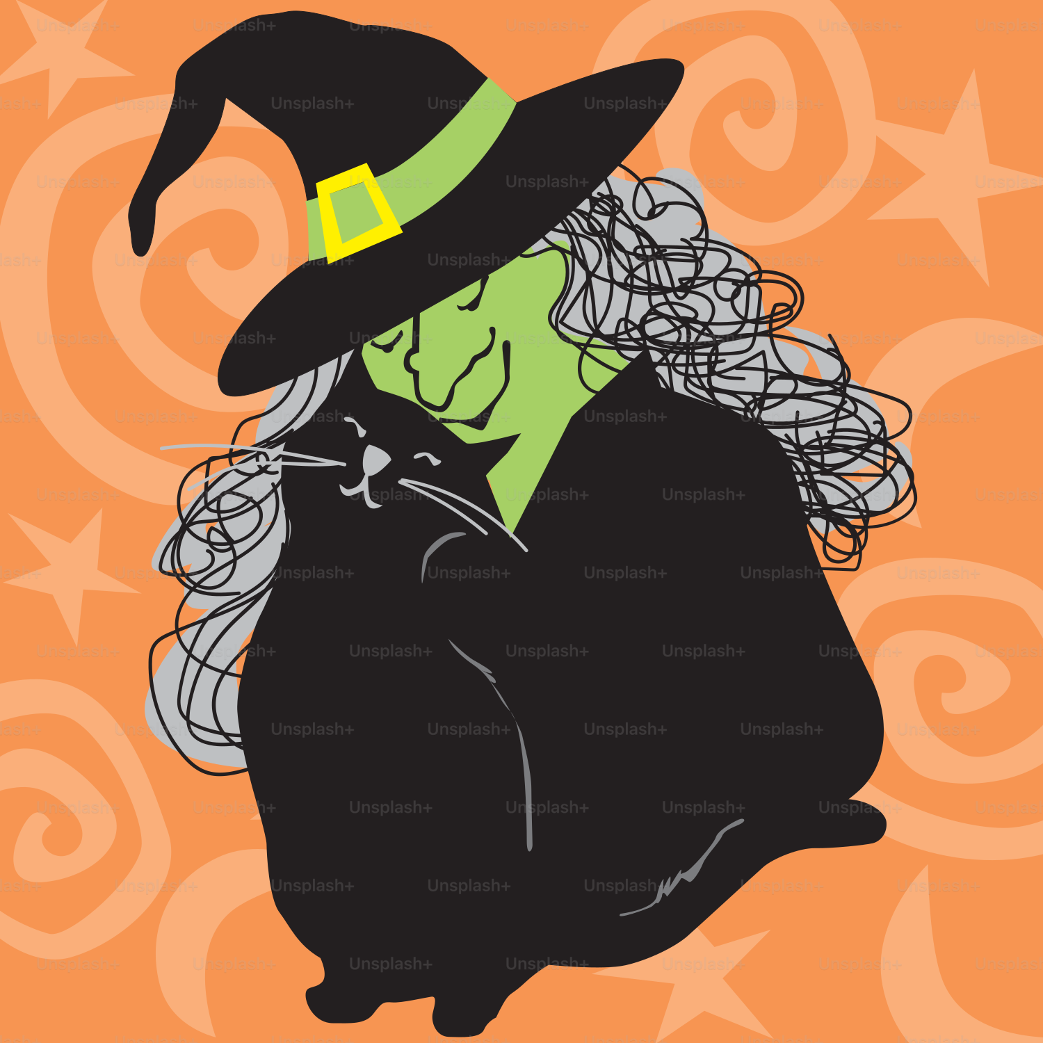 A drawing of a witch with a cat