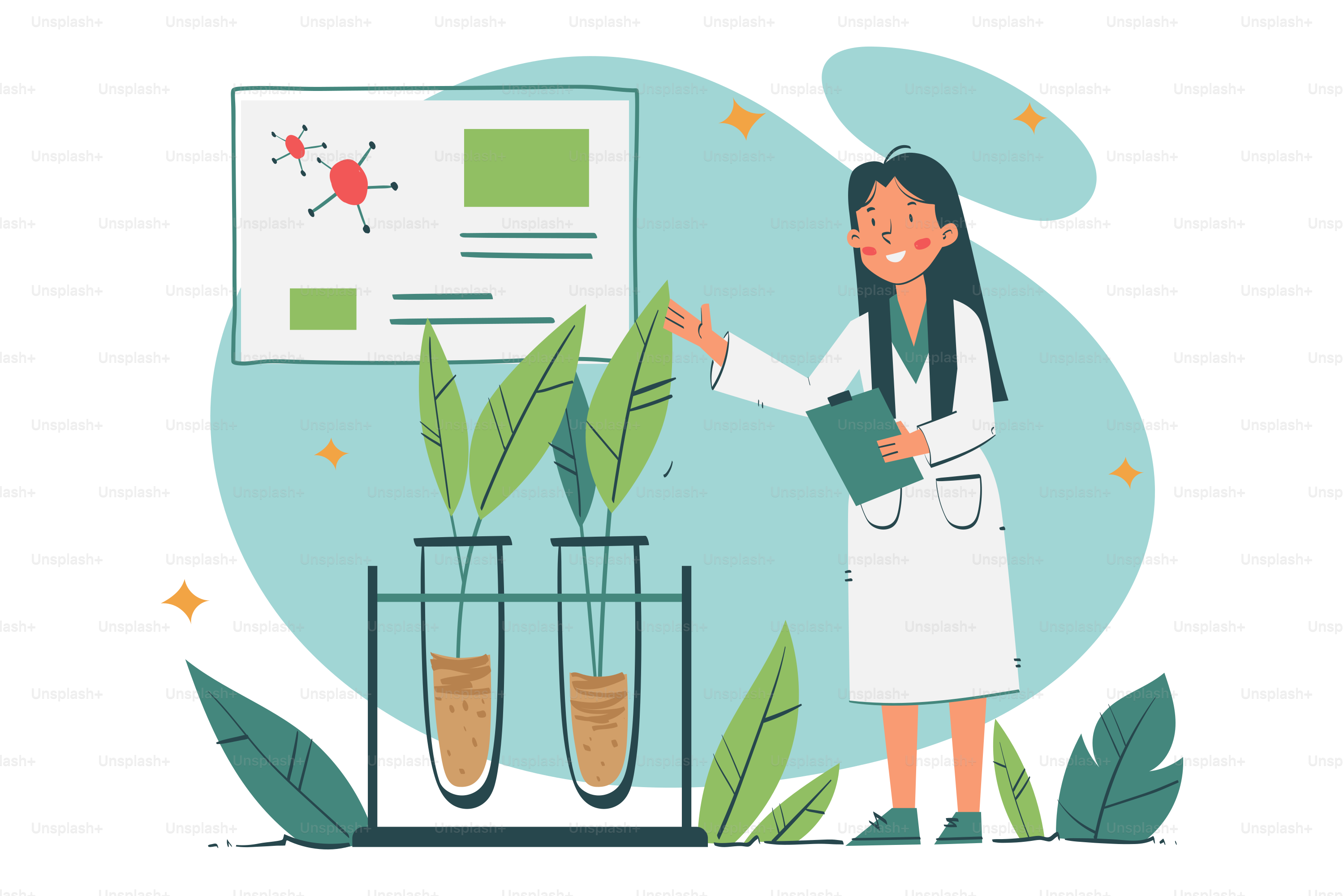 Uma mulher em pé em frente a um quadro branco com tubos de ensaio