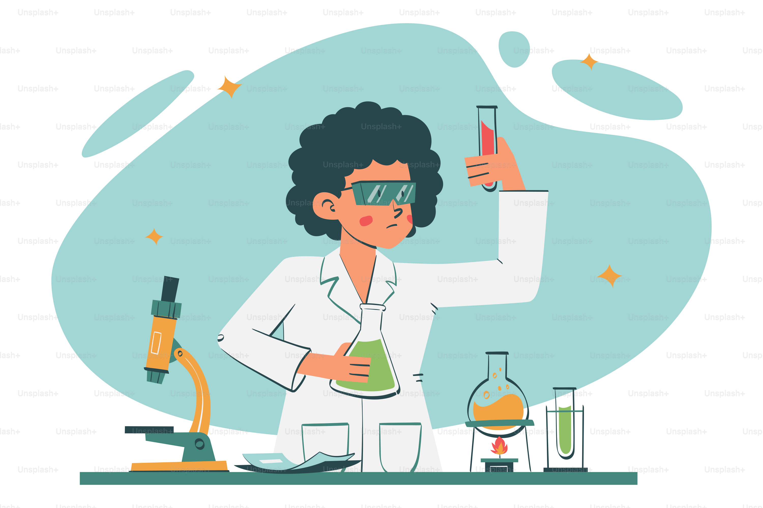 A woman in a lab coat holding a flask